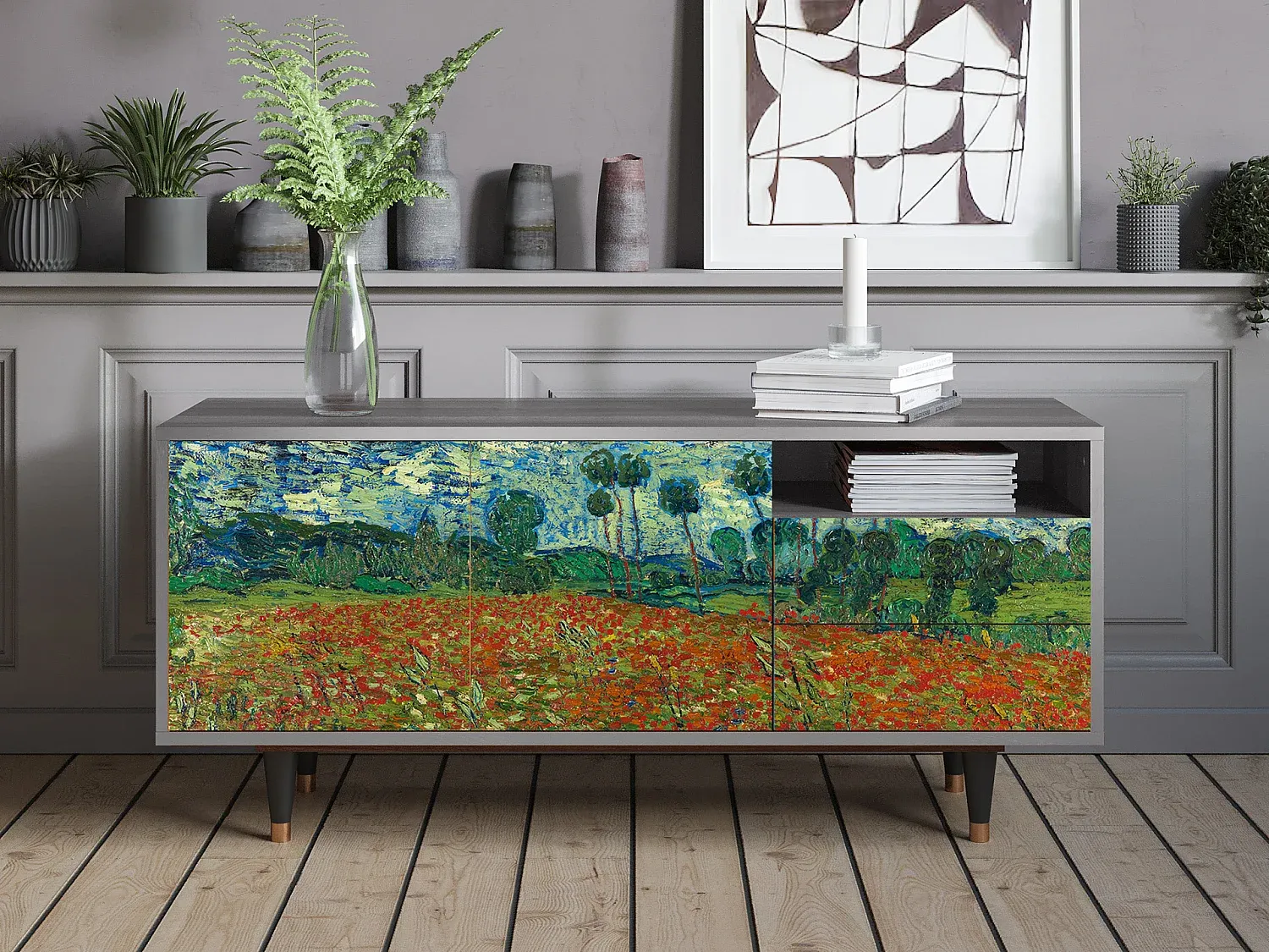 Großes TV-Möbel mit Blumenmuster, Grau