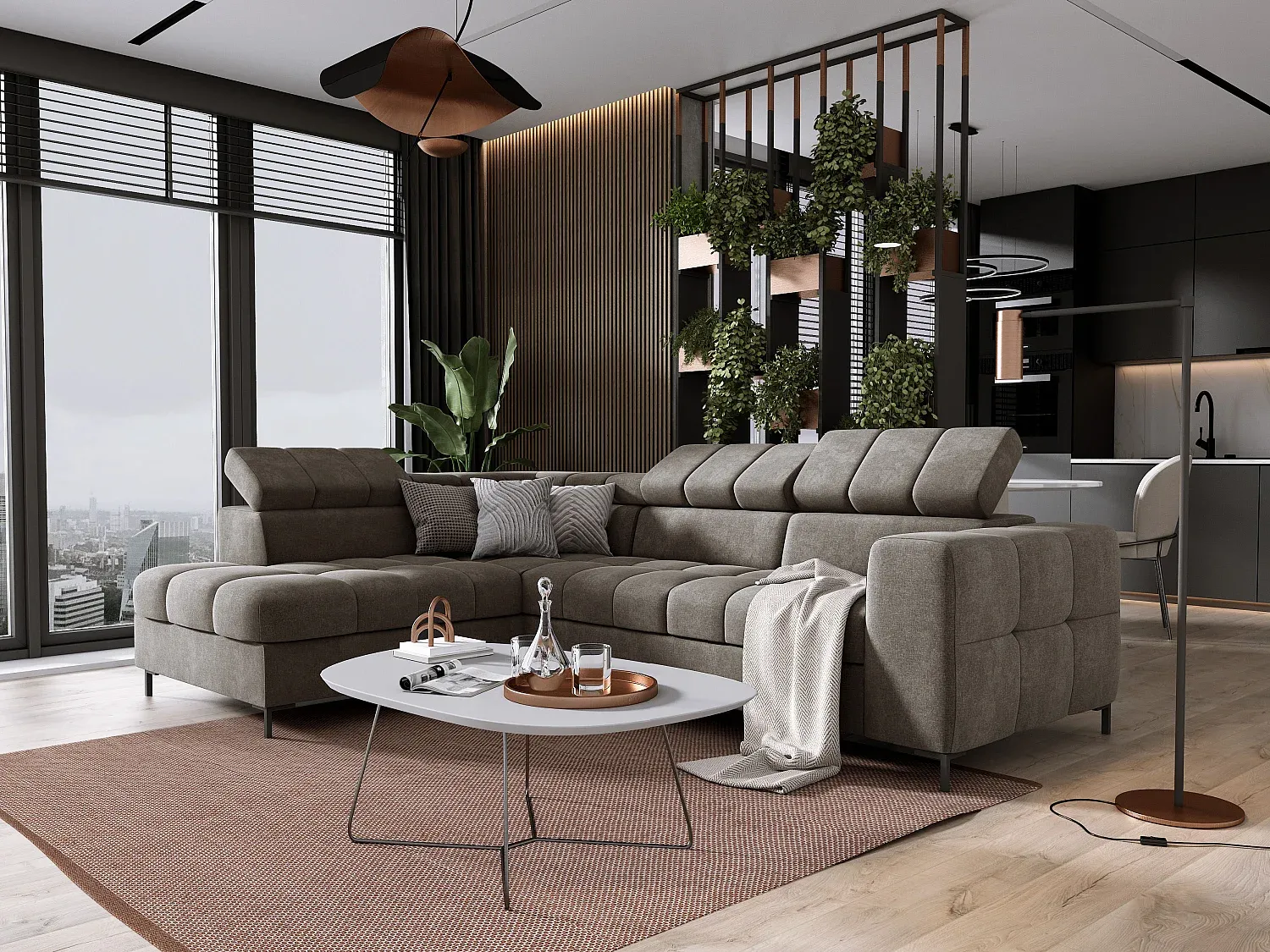 Ecksofa mit verstellbarer Kopfstütze und Schlaffunktion, Taupe, Links