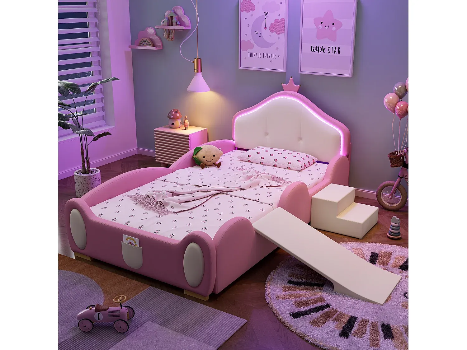 Kinderbett mit Rutsche und LED-Beleuchtung, 90x200 cm, Rosa