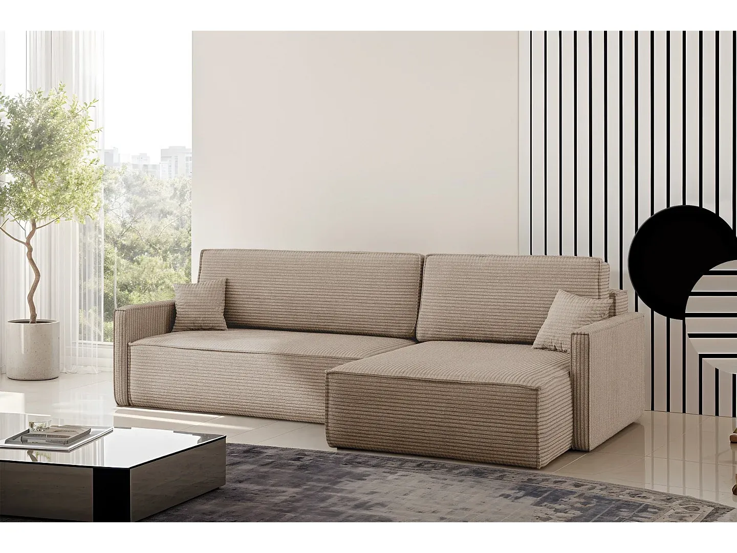 Ecksofa L-Form mit Schlaffunktion und Bettkasten Dunkelbeige