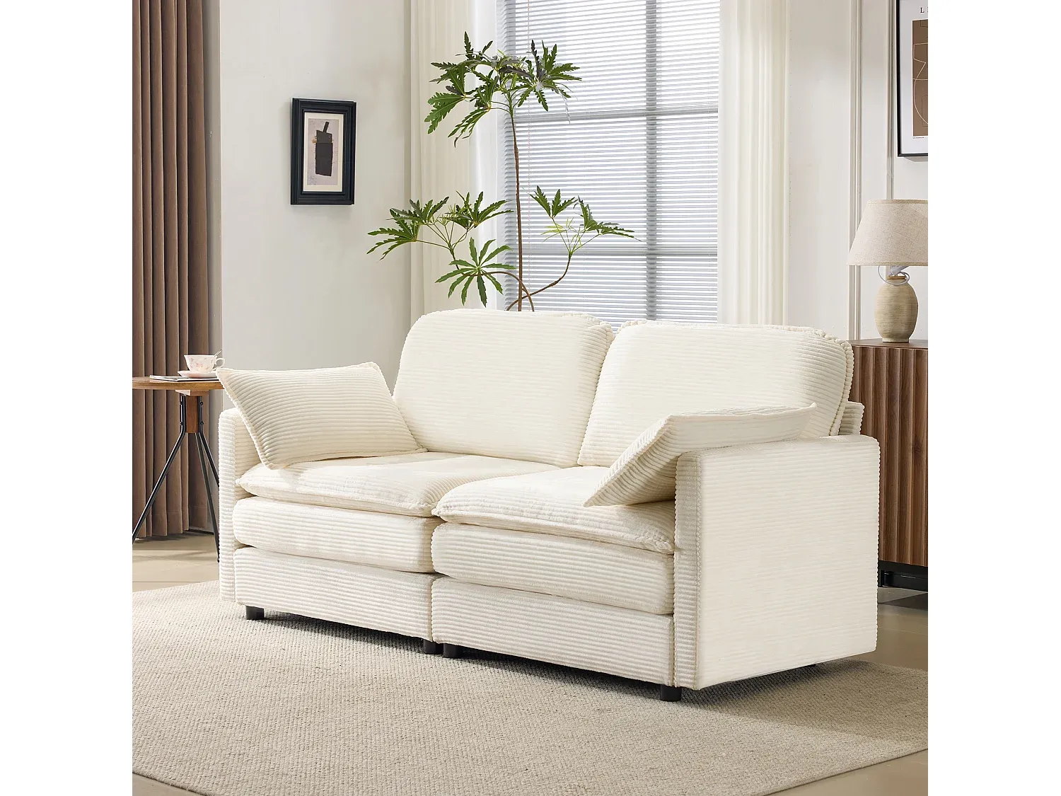 Zweisitziges Sofa in Weiß, Cord, mit Rückenkissen