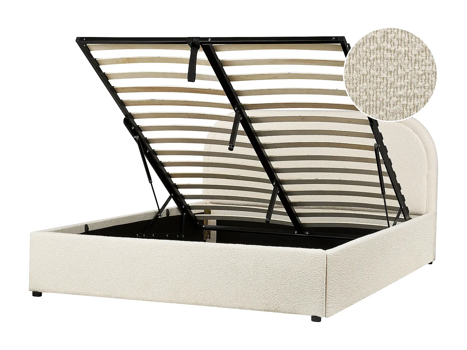 Beiges Polsterbett mit Bettkasten und Kopfteil, 140x200 cm