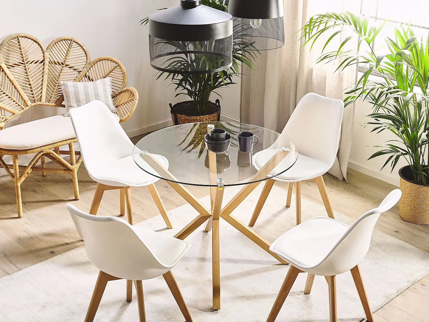 Runder Esstisch aus Sicherheitsglas und hellem Holz, Durchmesser 90 cm