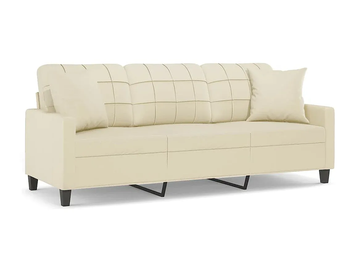 Komfortables 3-Sitzer-Sofa mit Zierkissen, Cremefarben, Kunstleder, 180 cm