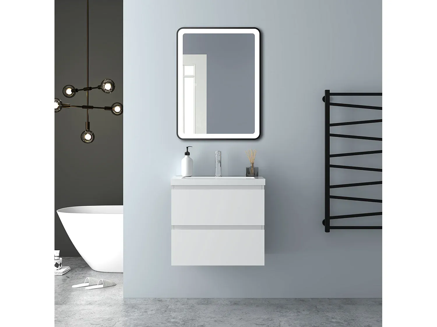 Hängender Waschbeckenunterschrank 60cm mit Mineralguss Waschtisch - Weiß Matt