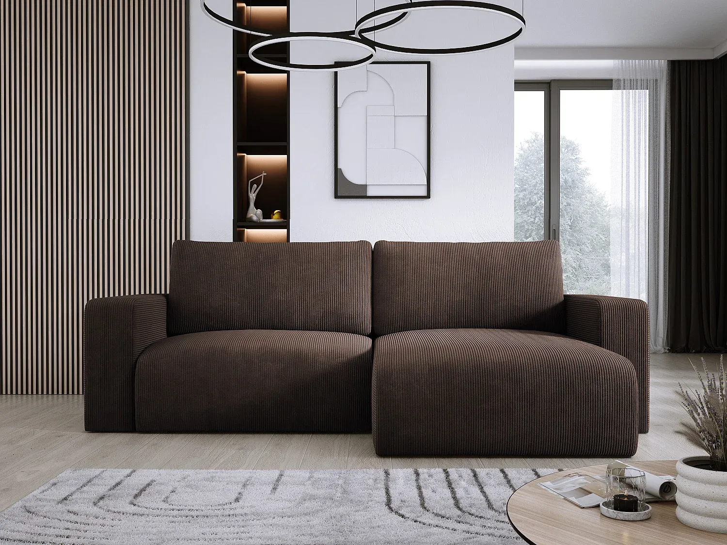 Ecksofa mit Bettkasten und Schlaffunktion aus weichem Stoff in Dunkelbraun