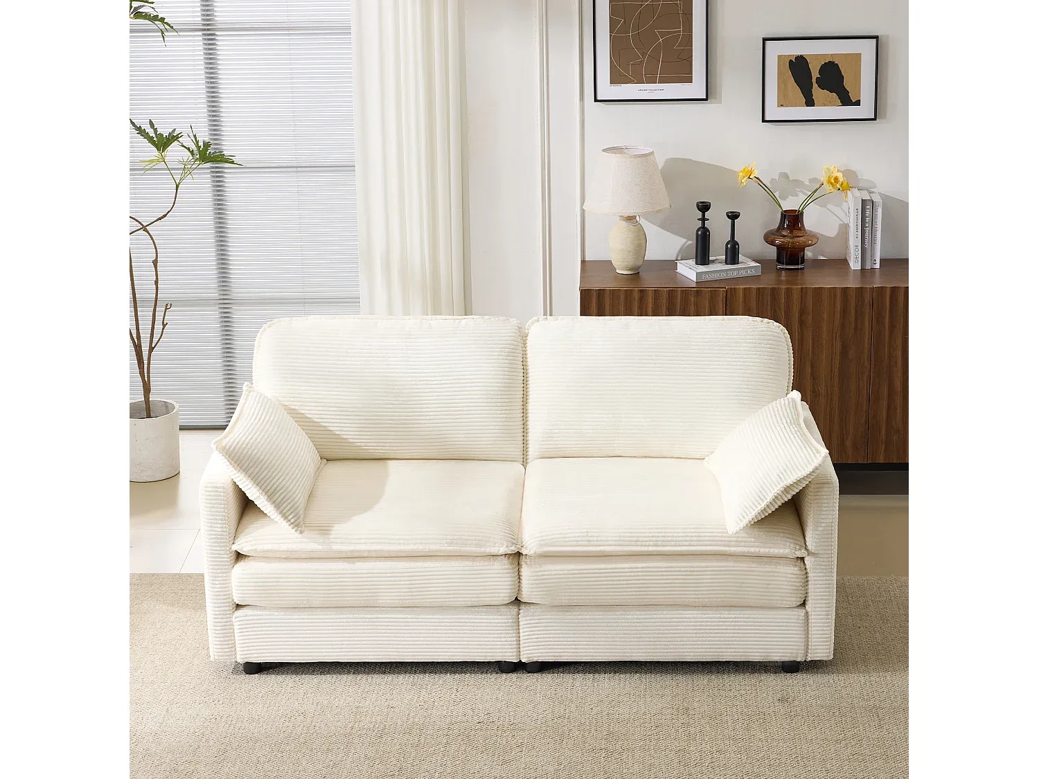 Zweisitziges Sofa in Weiß, Cord, mit Rückenkissen