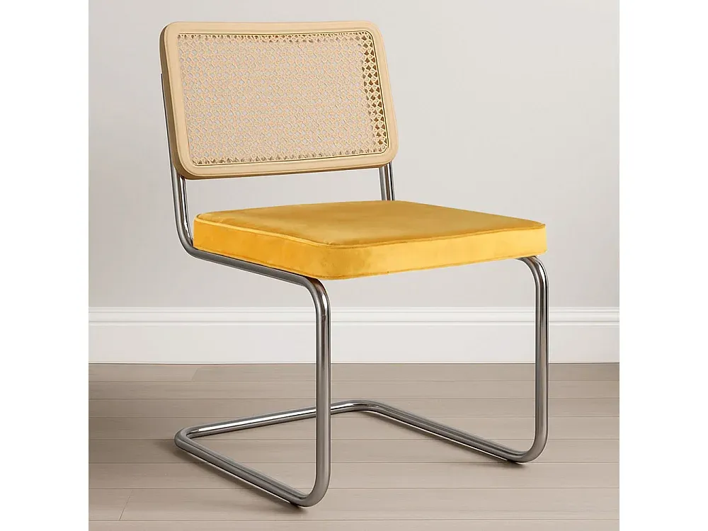 Bequemer Esszimmerstuhl aus Samt mit Holz und Rattan