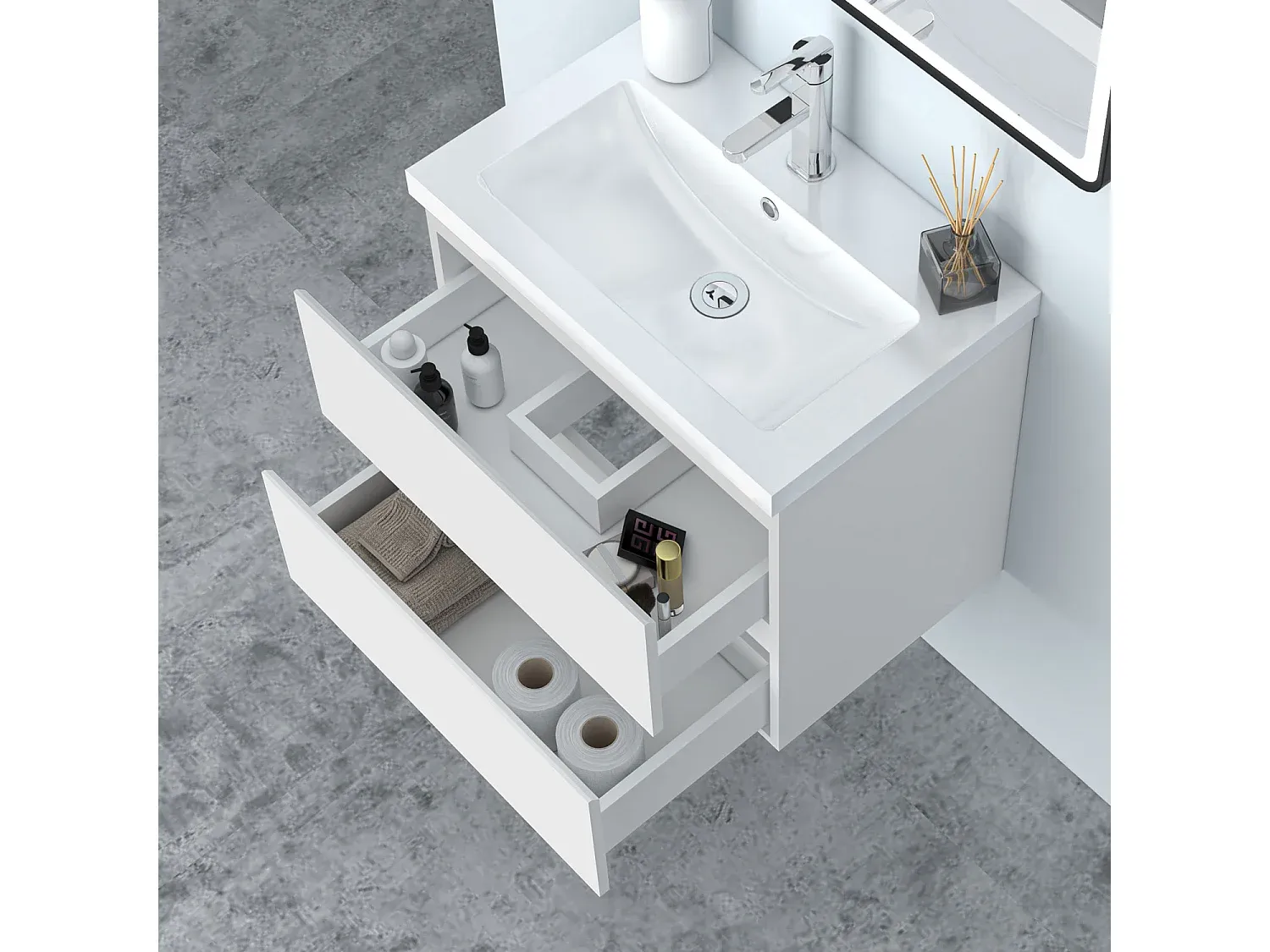 Hängender Waschbeckenunterschrank 60cm mit Mineralguss Waschtisch - Weiß Matt