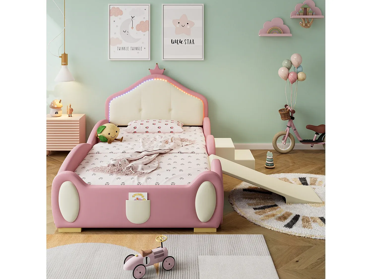 Kinderbett mit Rutsche und LED-Beleuchtung, 90x200 cm, Rosa