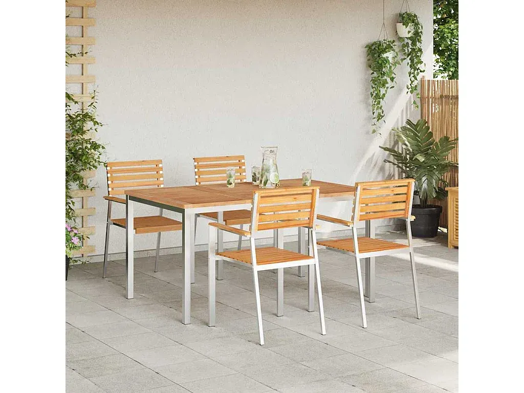 5-teilige Garten-Essgruppe aus Teakholz und Edelstahl