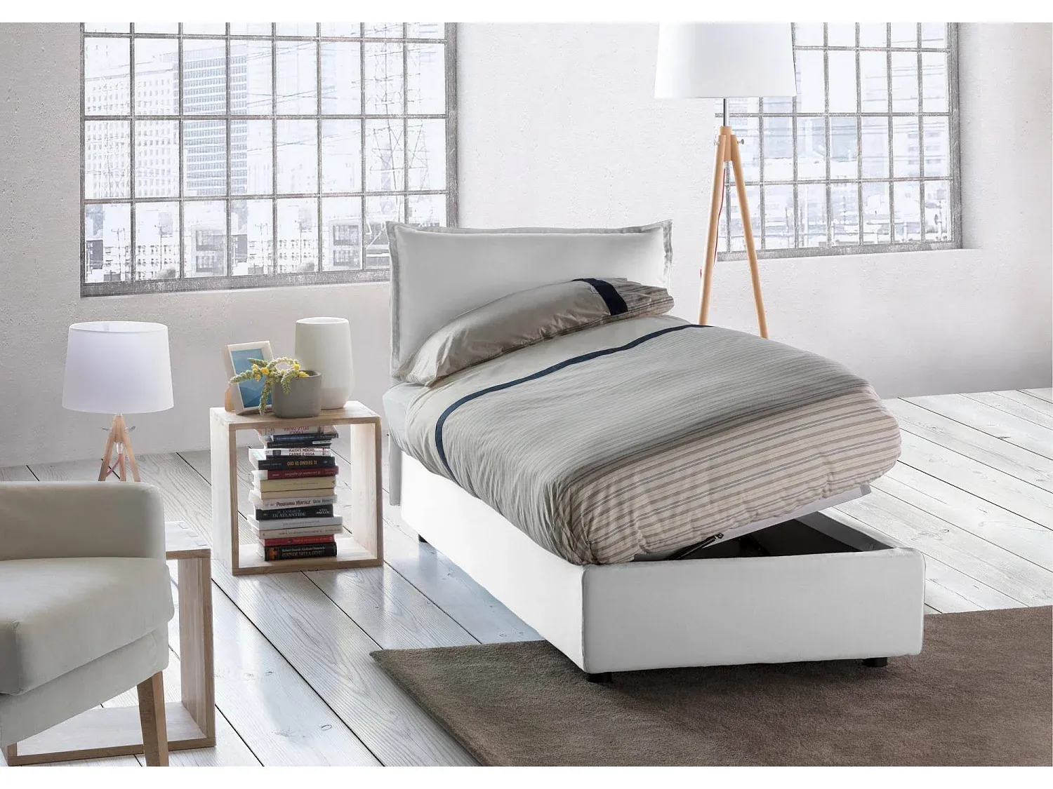 Einzelbett mit Bettkasten und Stoffbezug, seitliche Öffnung, inkl. Matratze 80x190 cm, Weiß