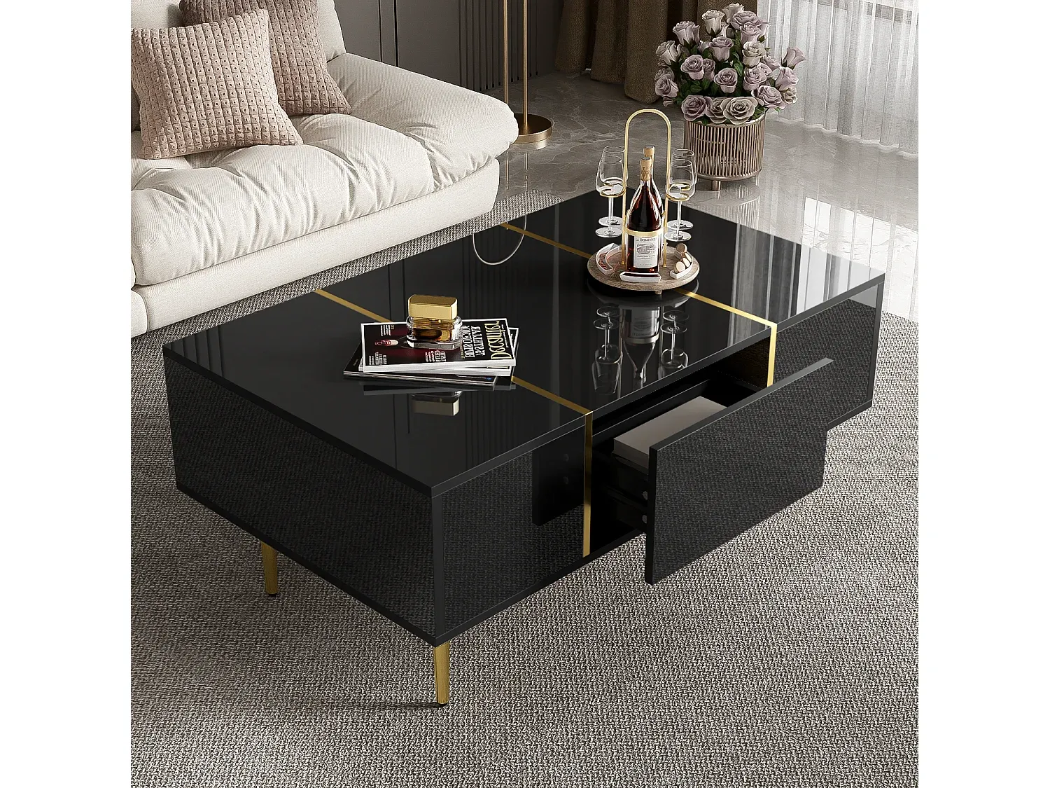 Moderner Couchtisch mit Schubladen und Metallbeinen