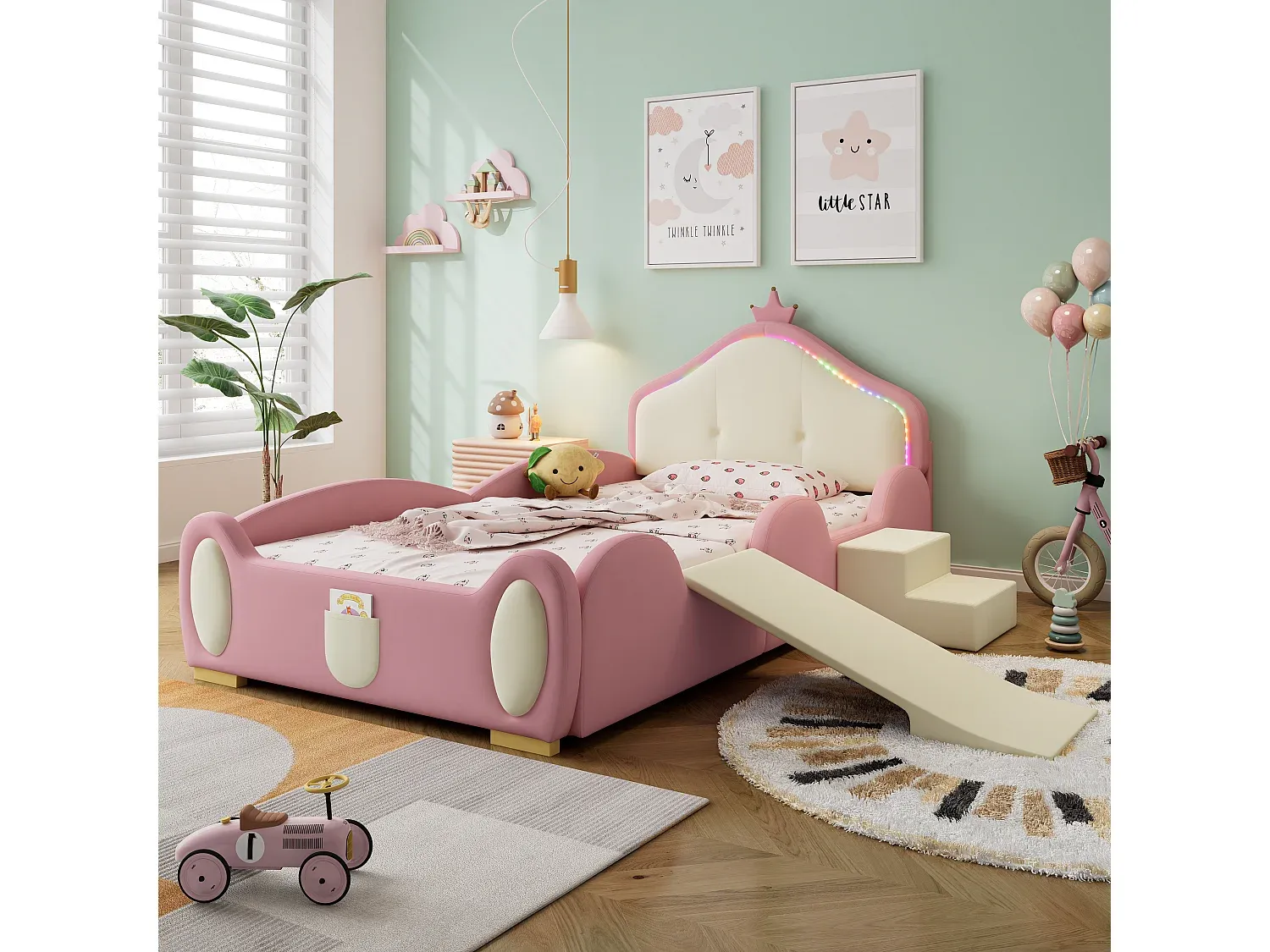 Kinderbett mit Rutsche und LED-Beleuchtung, 90x200 cm, Rosa