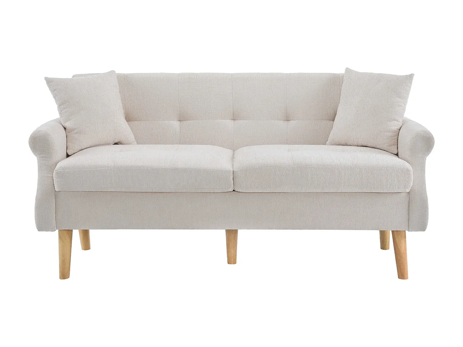 Bequemes Zweisitzer-Sofa mit Kissen und Armlehnen, in Beige, Holzfüße