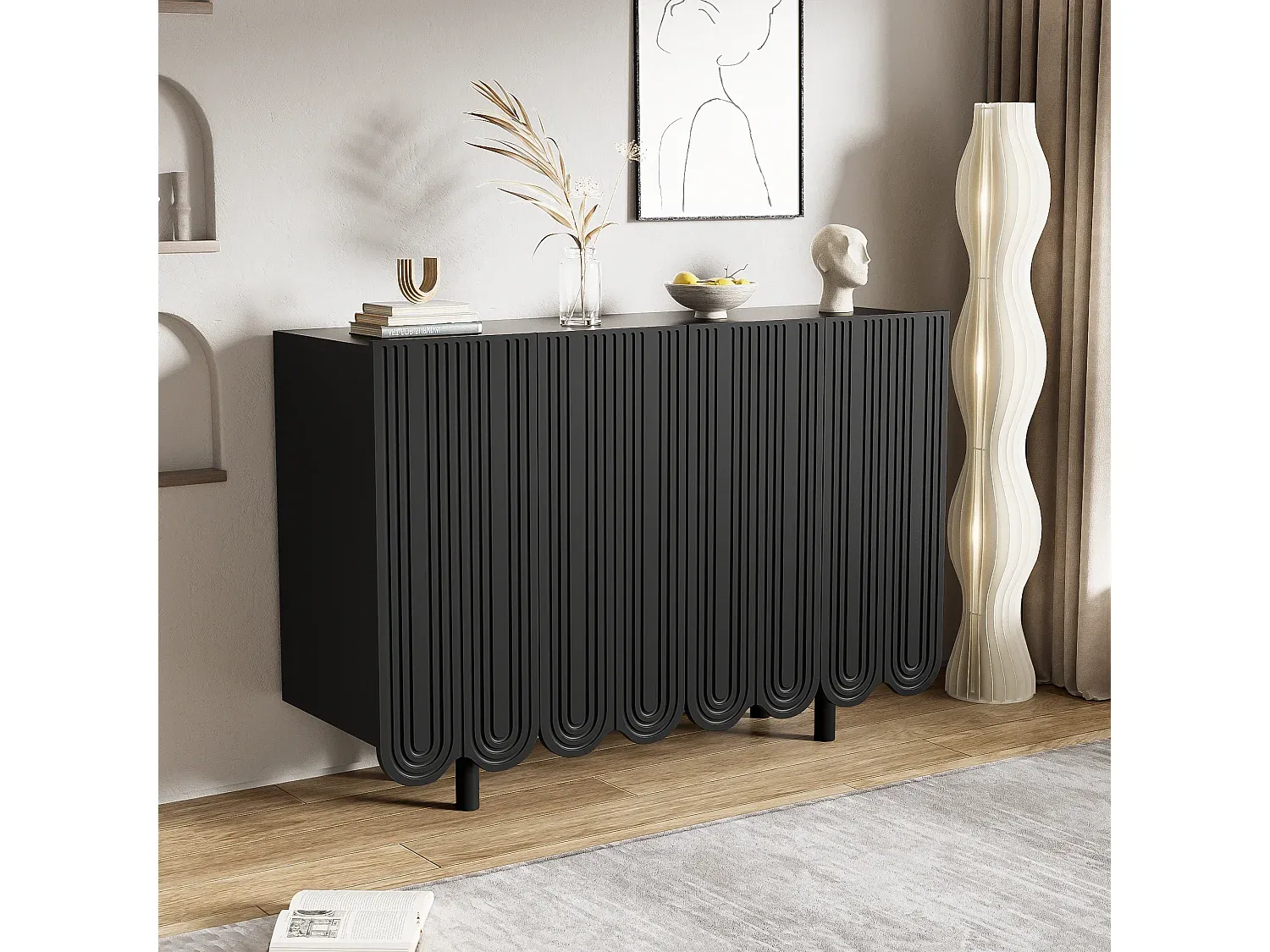Schwarzes Sideboard mit vier Türen und Tropfenform, 120 x 37,5 x 80,8 cm