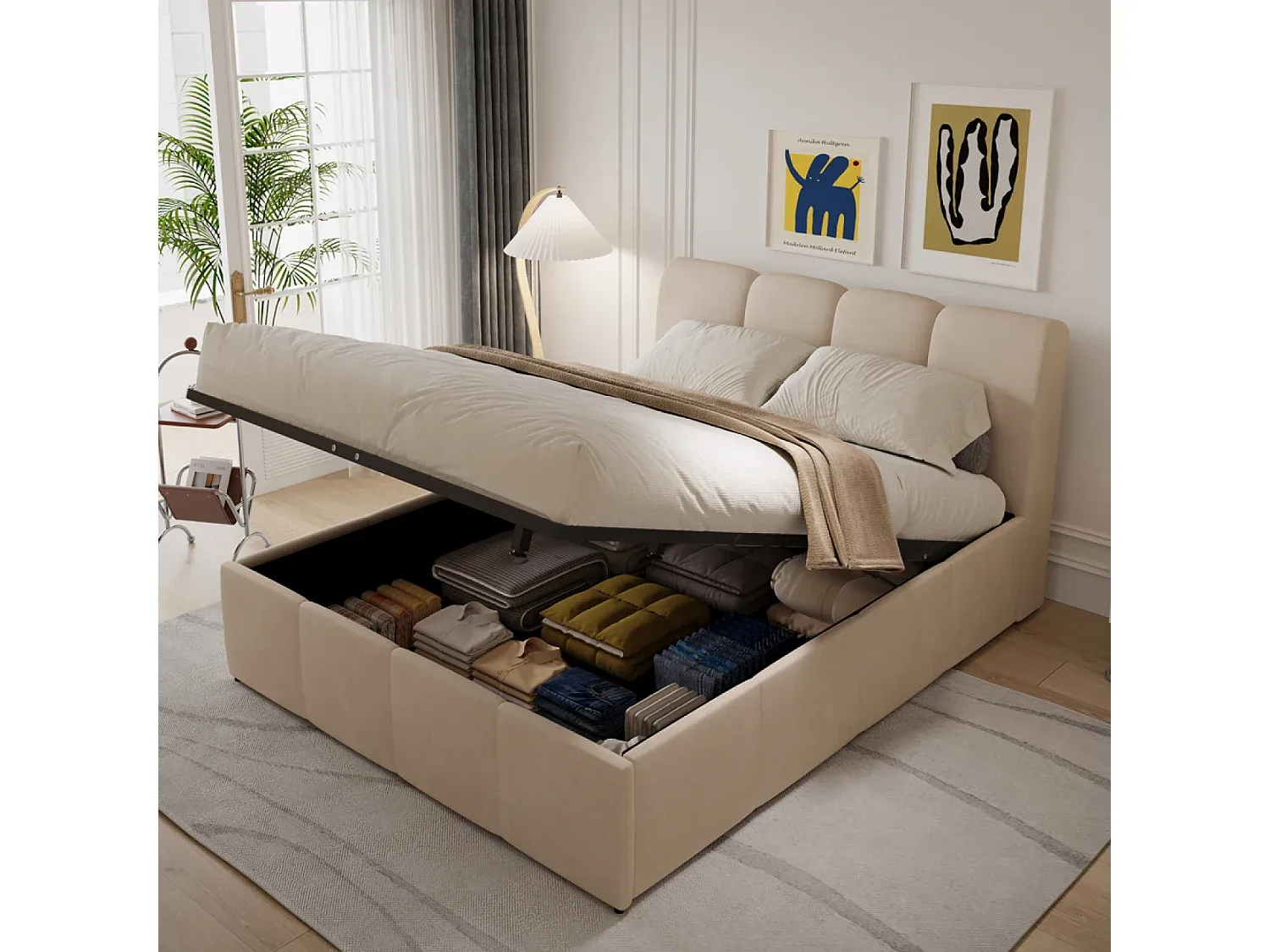 Modernes Samtbett mit Stauraum 140x190 cm Beige