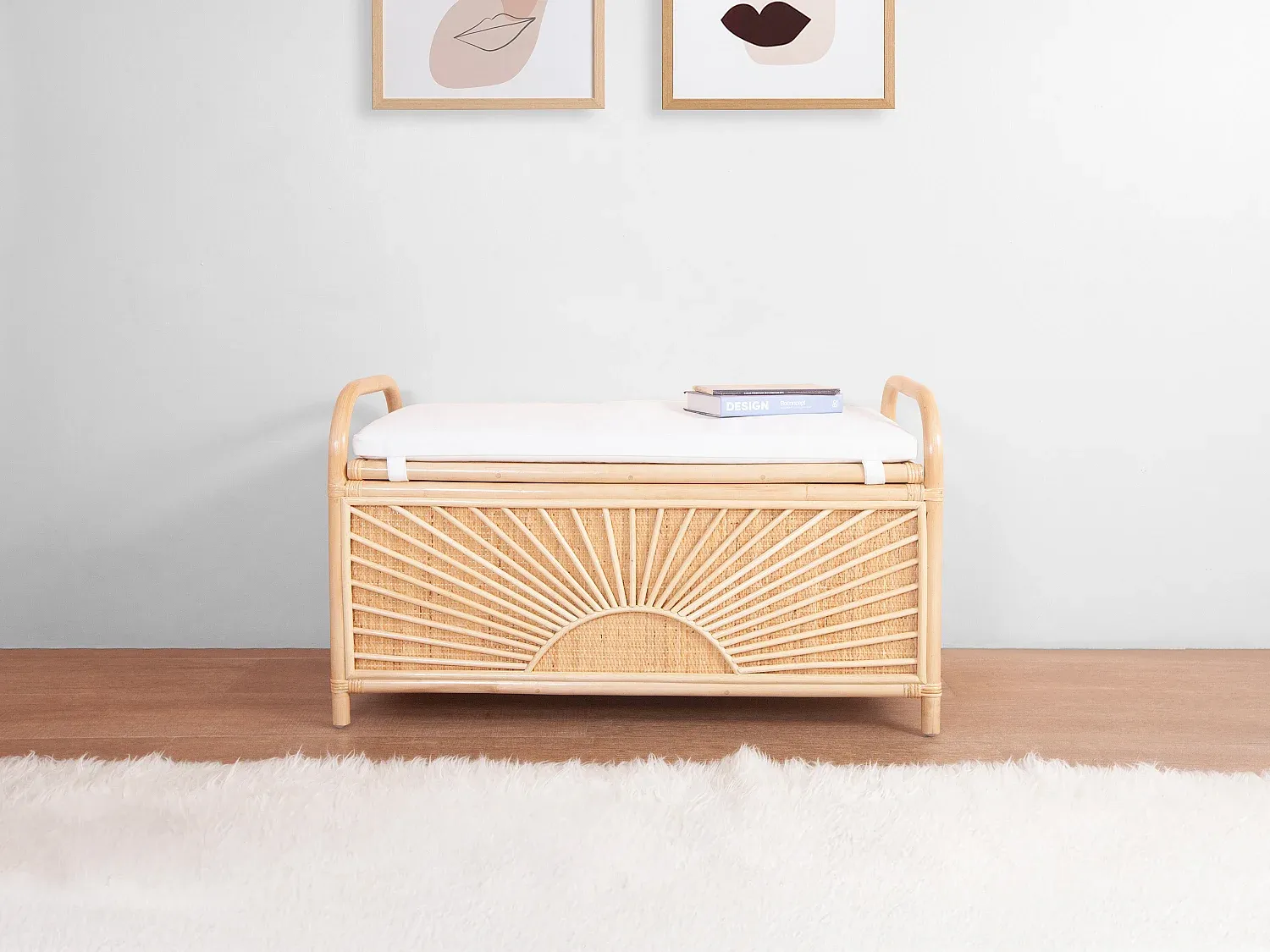 Natürliche Rattan-Truhenbank mit Kissen 91x43x51 cm