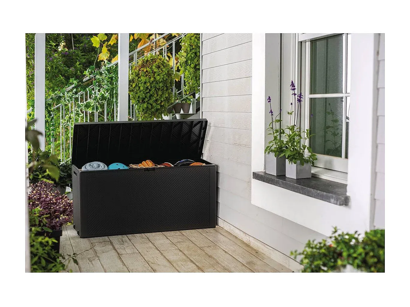 Anthrazitgraue Gartenbox mit 277L, Rollen und Verriegelung
