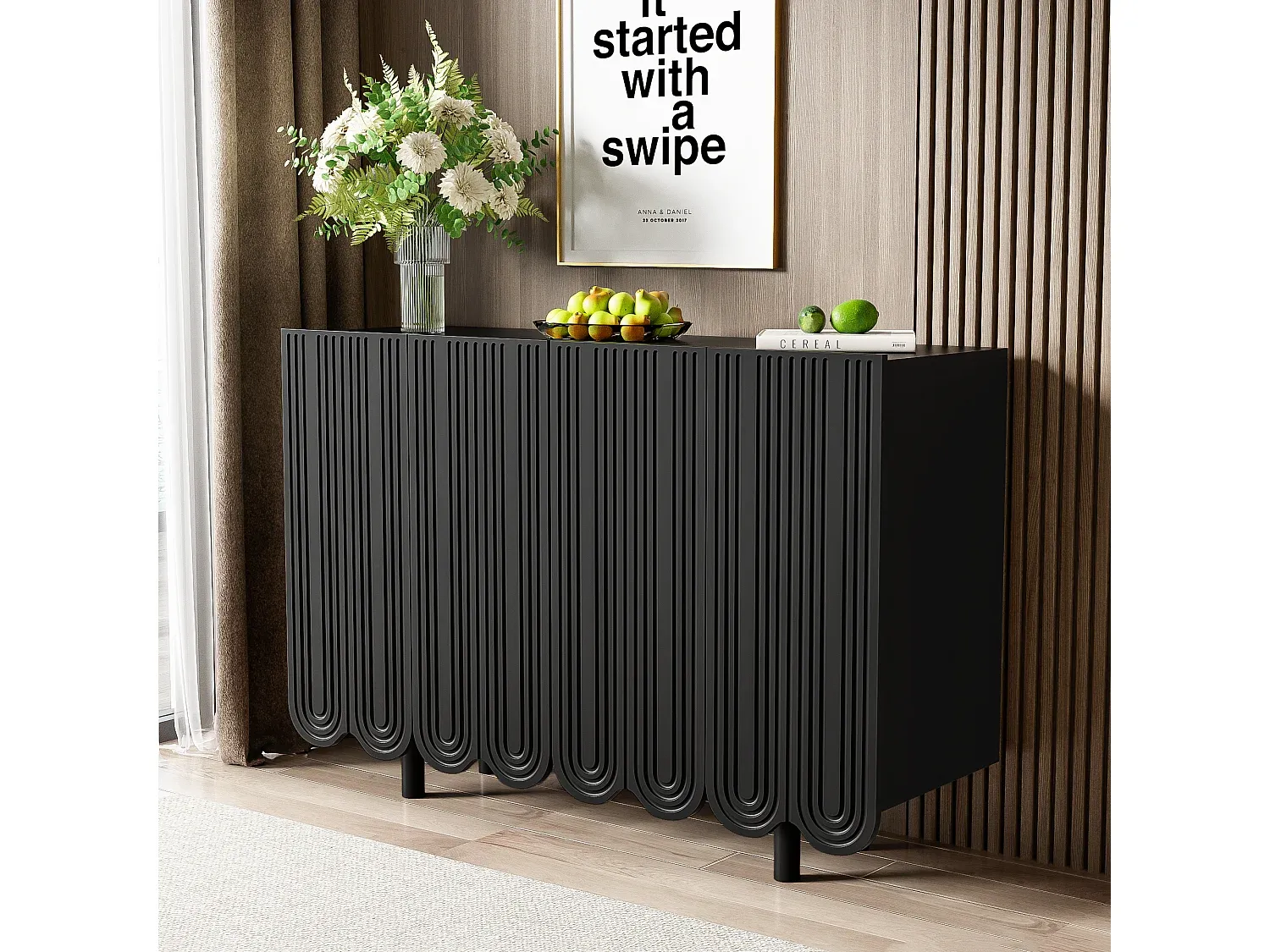 Schwarzes Sideboard mit vier Türen und Tropfenform, 120 x 37,5 x 80,8 cm