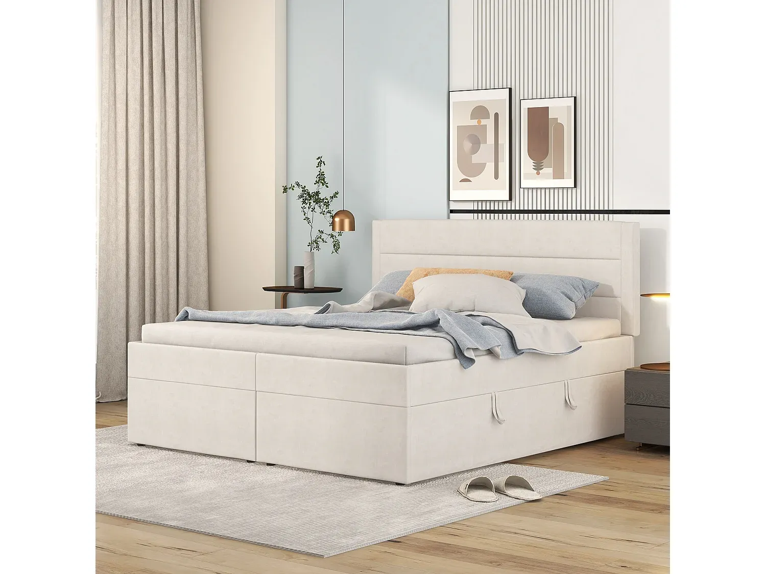 Bett mit Stauraum 140 x 200 cm und Kopfteil, beige Stoff, beidseitige Öffnung