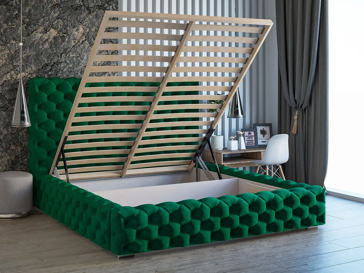 Grünes Polsterbett mit Bettkasten 180 x 200 cm aus Samtstoff