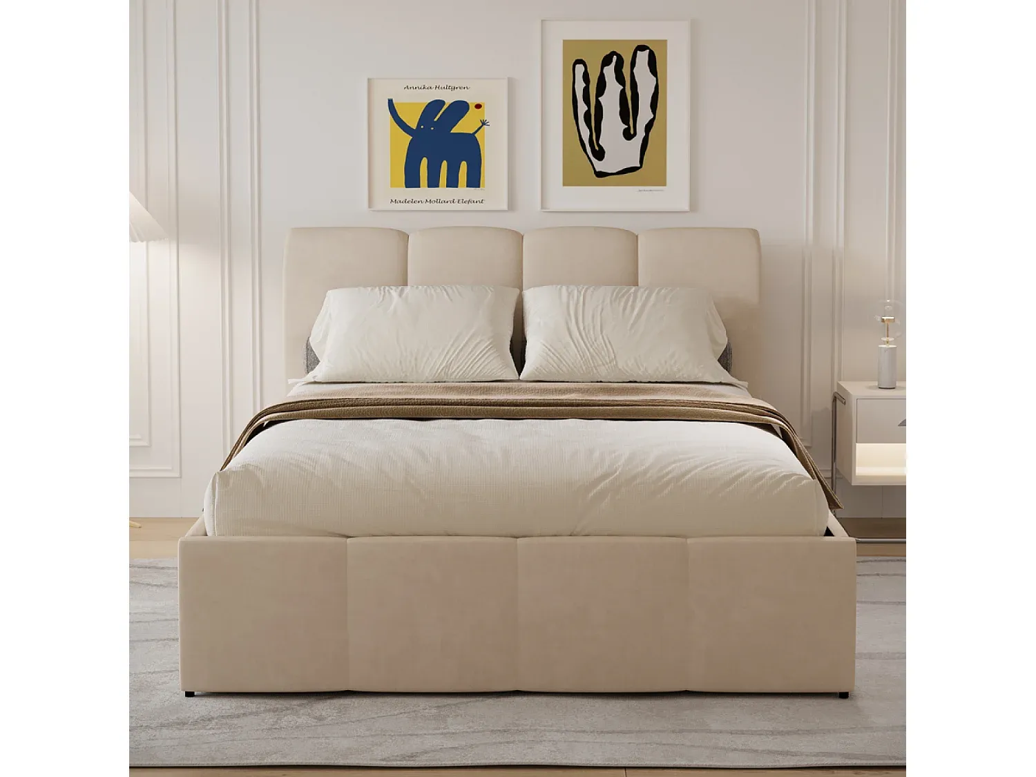 Modernes Samtbett mit Stauraum 140x190 cm Beige
