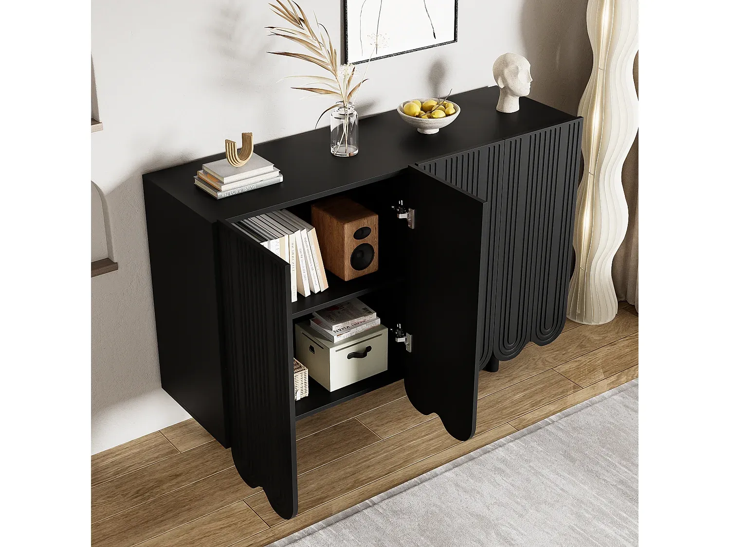 Schwarzes Sideboard mit vier Türen und Tropfenform, 120 x 37,5 x 80,8 cm