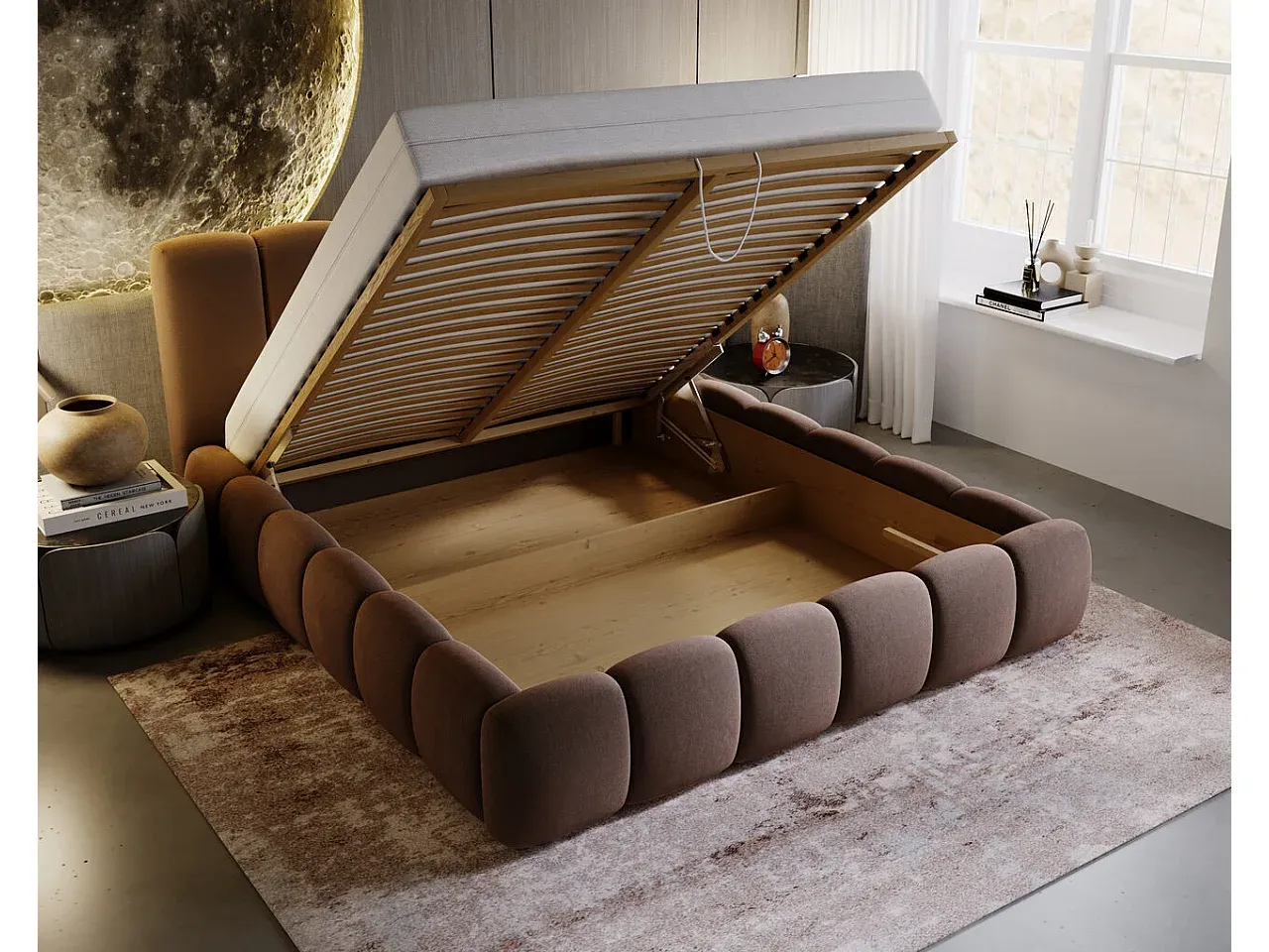 Samtstoff-Polsterbett mit Stauraum 160x200 cm Braun