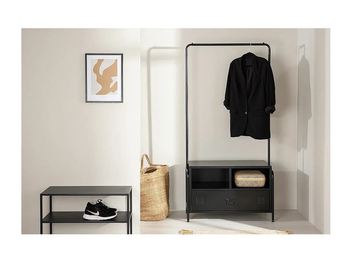 Moderner Garderobenständer mit Schublade und Regalen in Schwarz