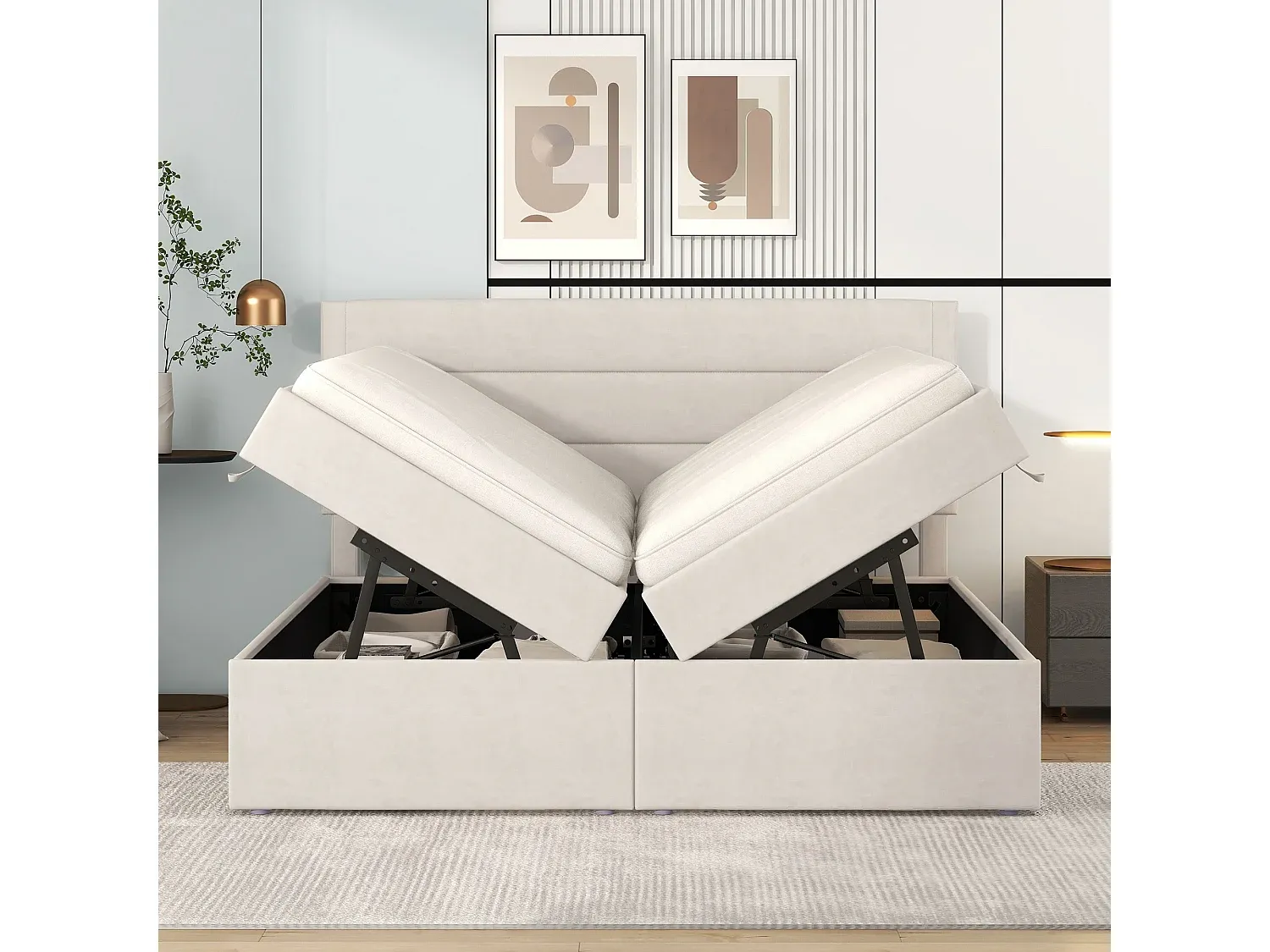 Bett mit Stauraum 140 x 200 cm und Kopfteil, beige Stoff, beidseitige Öffnung