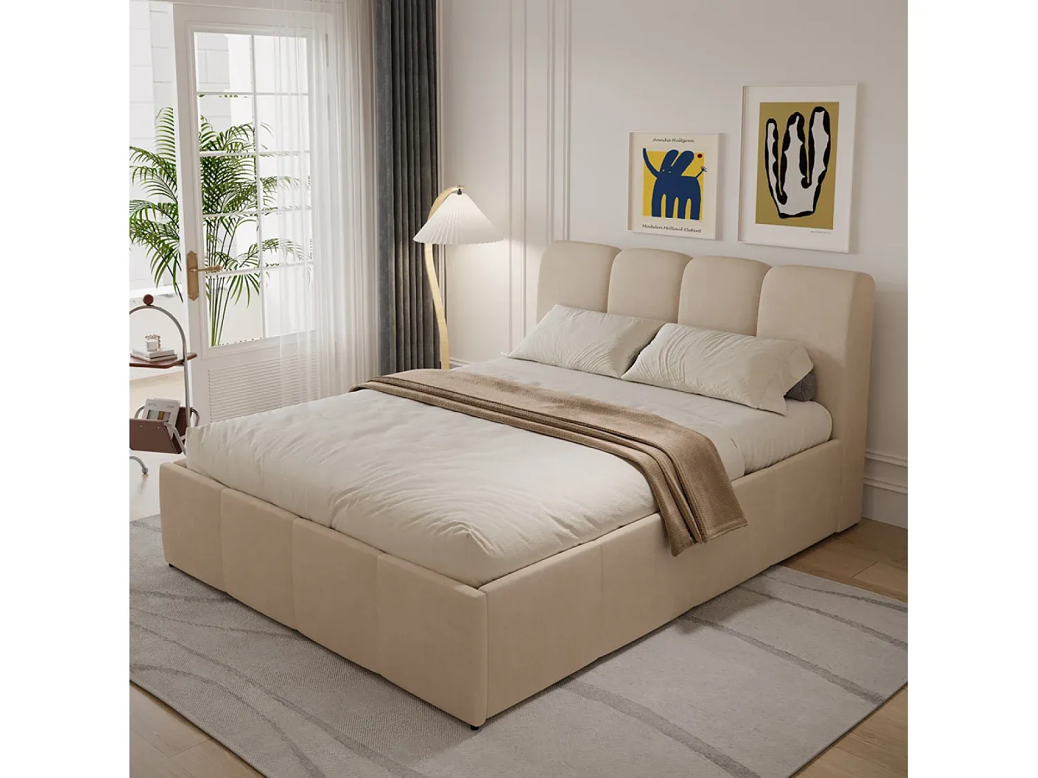 Modernes Samtbett mit Stauraum 140x190 cm Beige