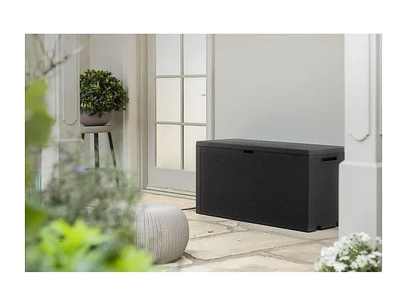 Anthrazitgraue Gartenbox mit 277L, Rollen und Verriegelung