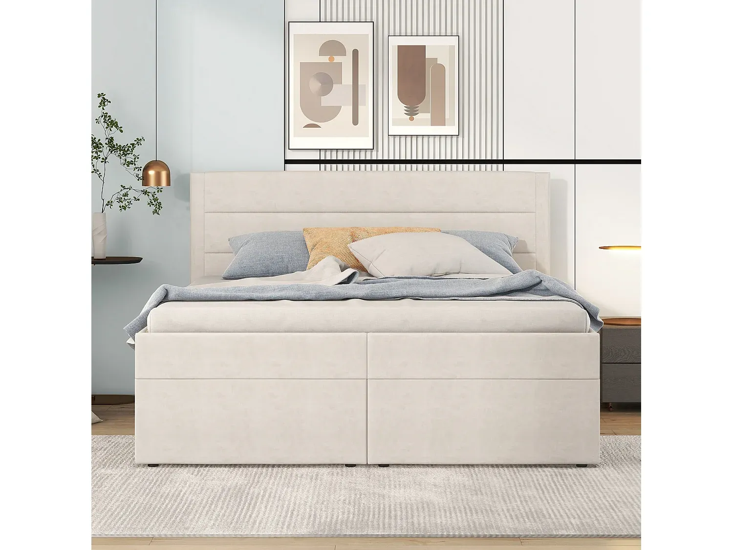 Bett mit Stauraum 140 x 200 cm und Kopfteil, beige Stoff, beidseitige Öffnung