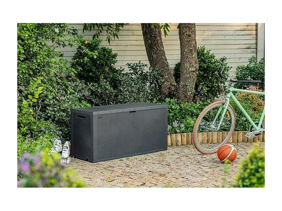 Anthrazitgraue Gartenbox mit 277L, Rollen und Verriegelung