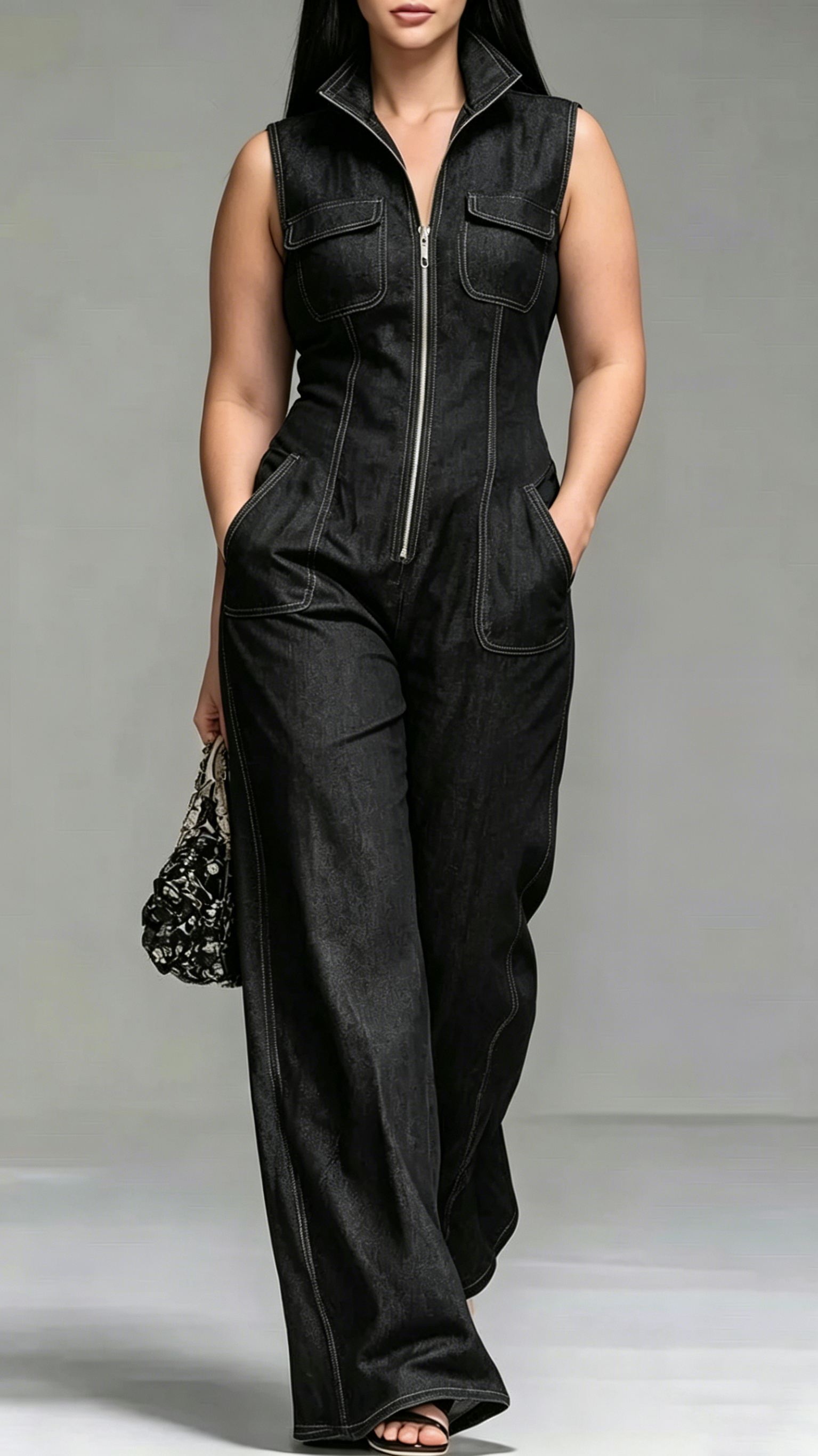 Women's Faux-Denim Retro Stand-Collar Sleeveless Zip-Front Jumpsuit