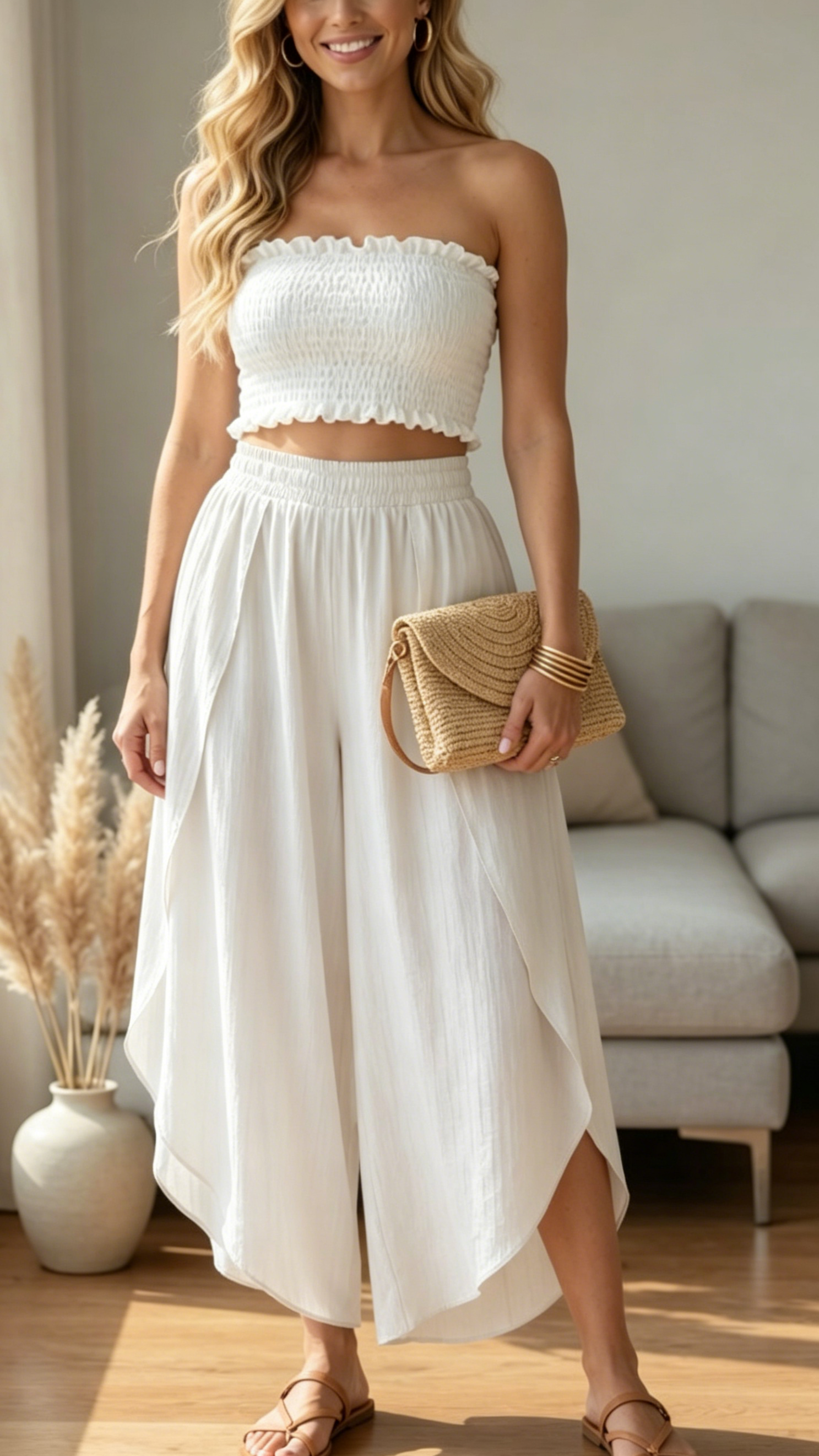 Smocked Tube Top & Overlay Wide-Leg Pants Two-Piece Set