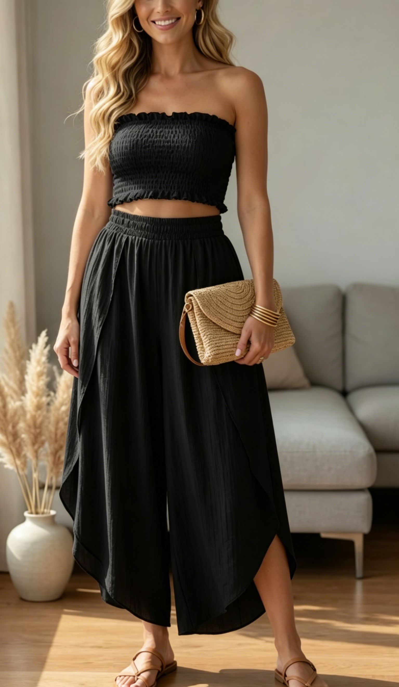 Smocked Tube Top & Overlay Wide-Leg Pants Two-Piece Set