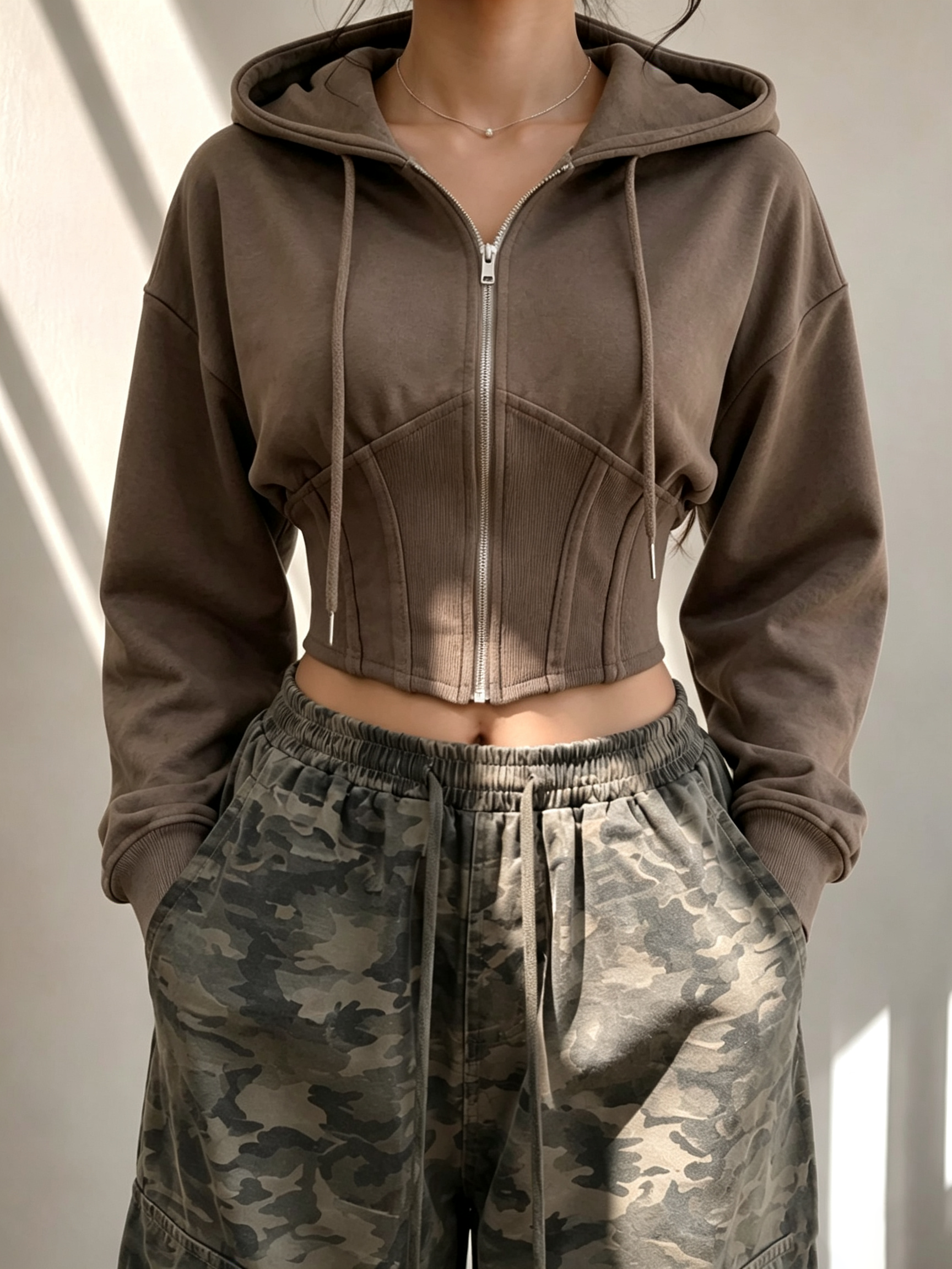 Corset‑Seamed Zip‑Up Cropped Hoodie with Drawstring Hood