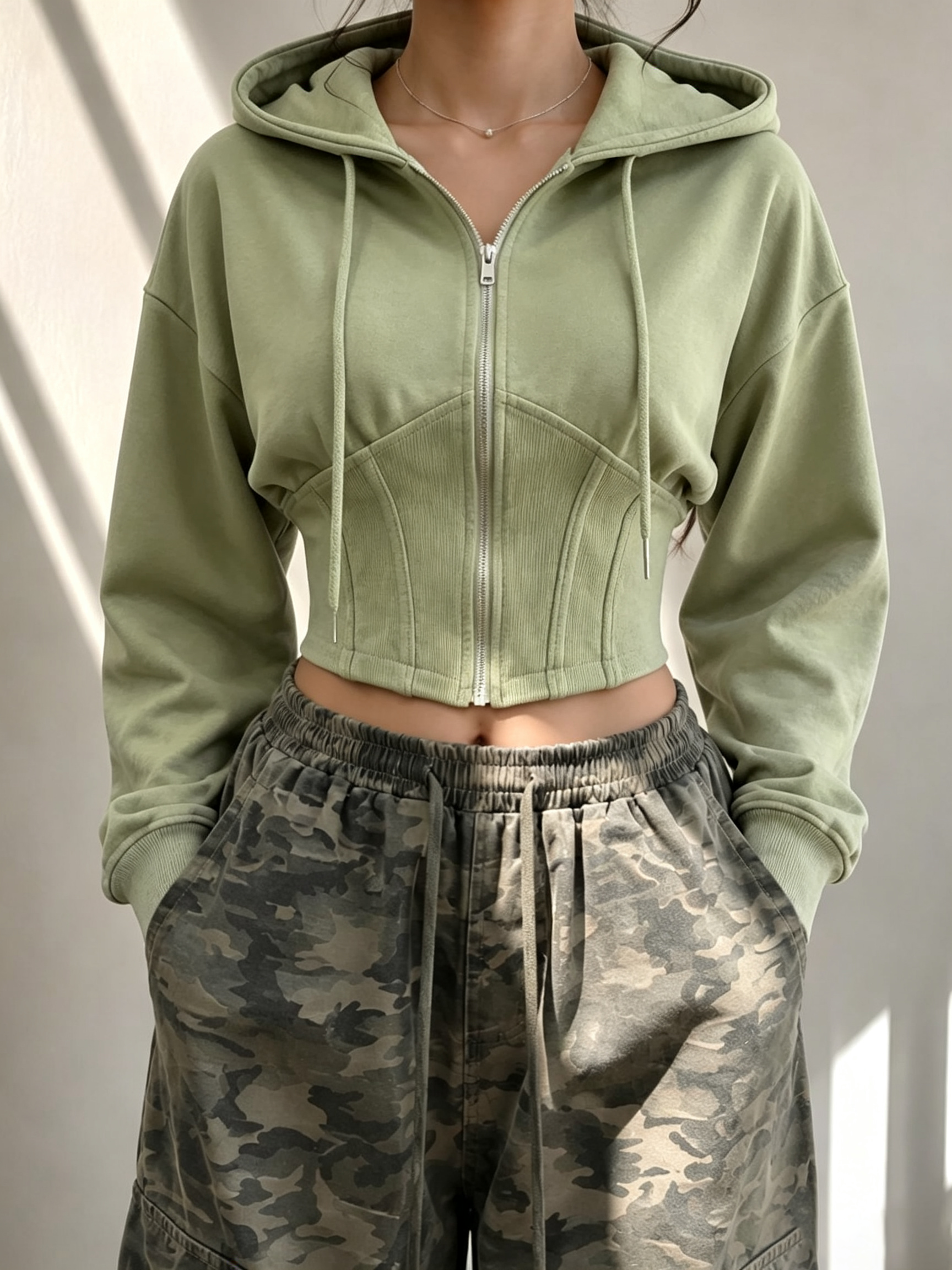 Corset‑Seamed Zip‑Up Cropped Hoodie with Drawstring Hood