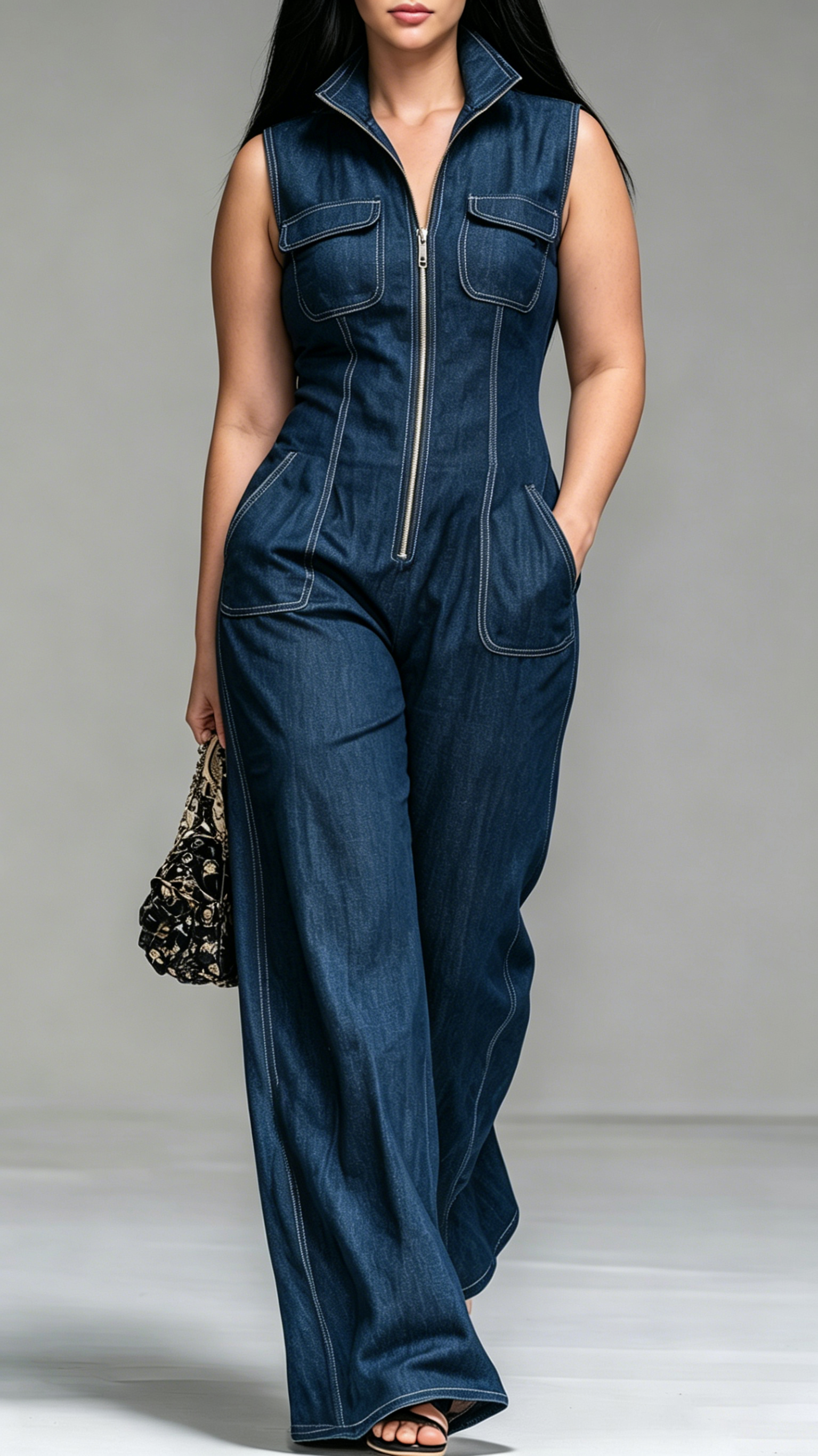 Women's Faux-Denim Retro Stand-Collar Sleeveless Zip-Front Jumpsuit