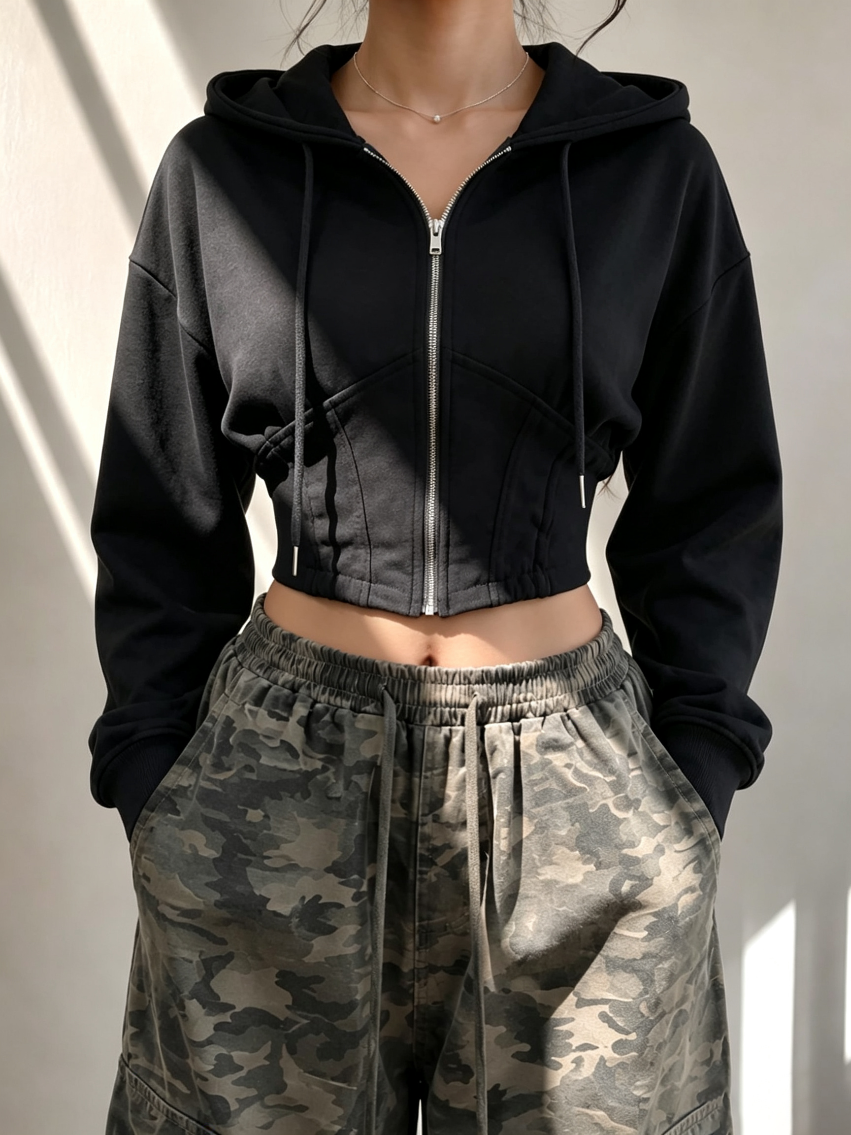 Corset‑Seamed Zip‑Up Cropped Hoodie with Drawstring Hood