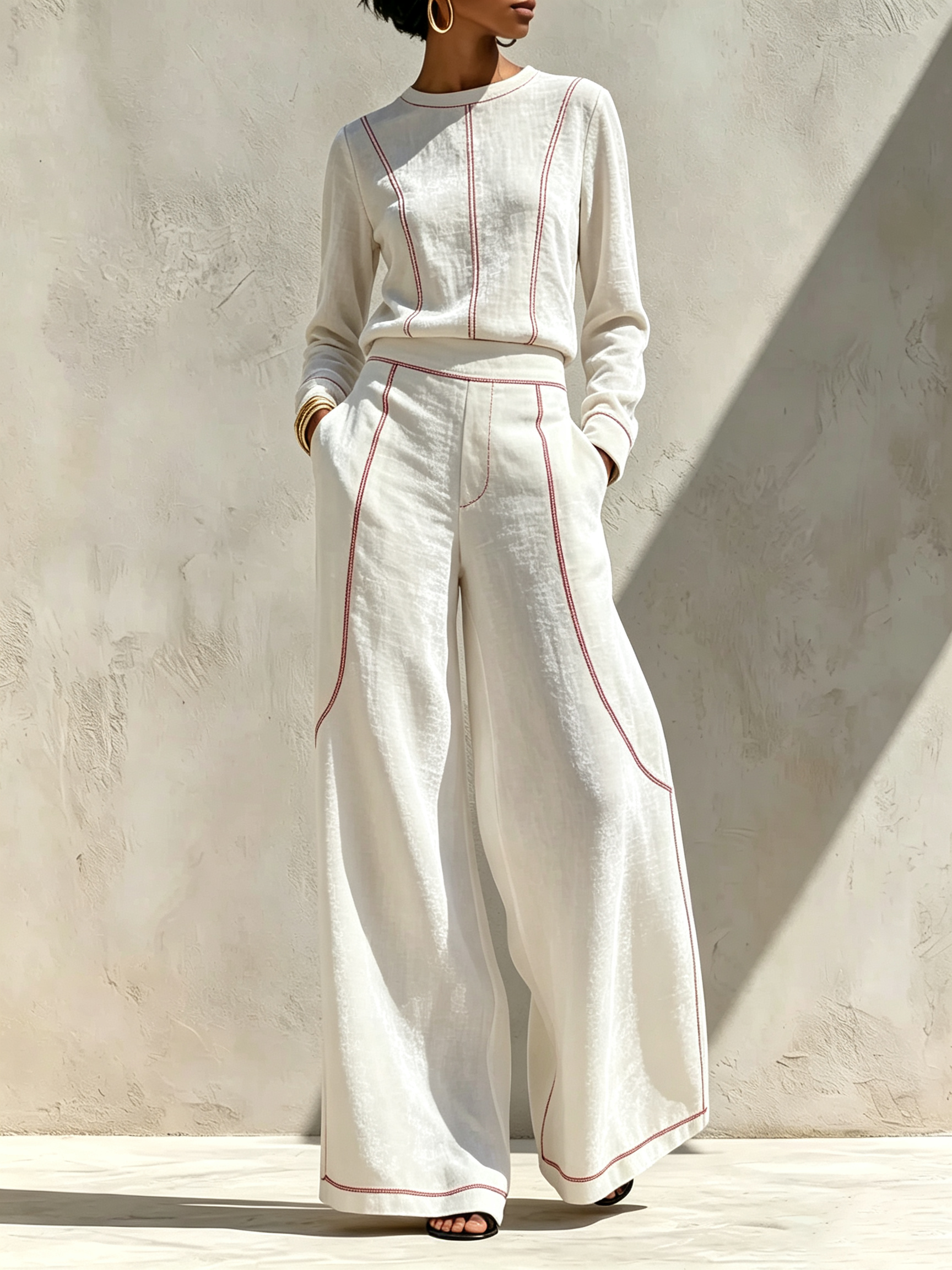 Contrast Stitch Linen Matching Two Piece Set | Long Sleeve Crew Neck Top & High Waist Wide Leg Pants
