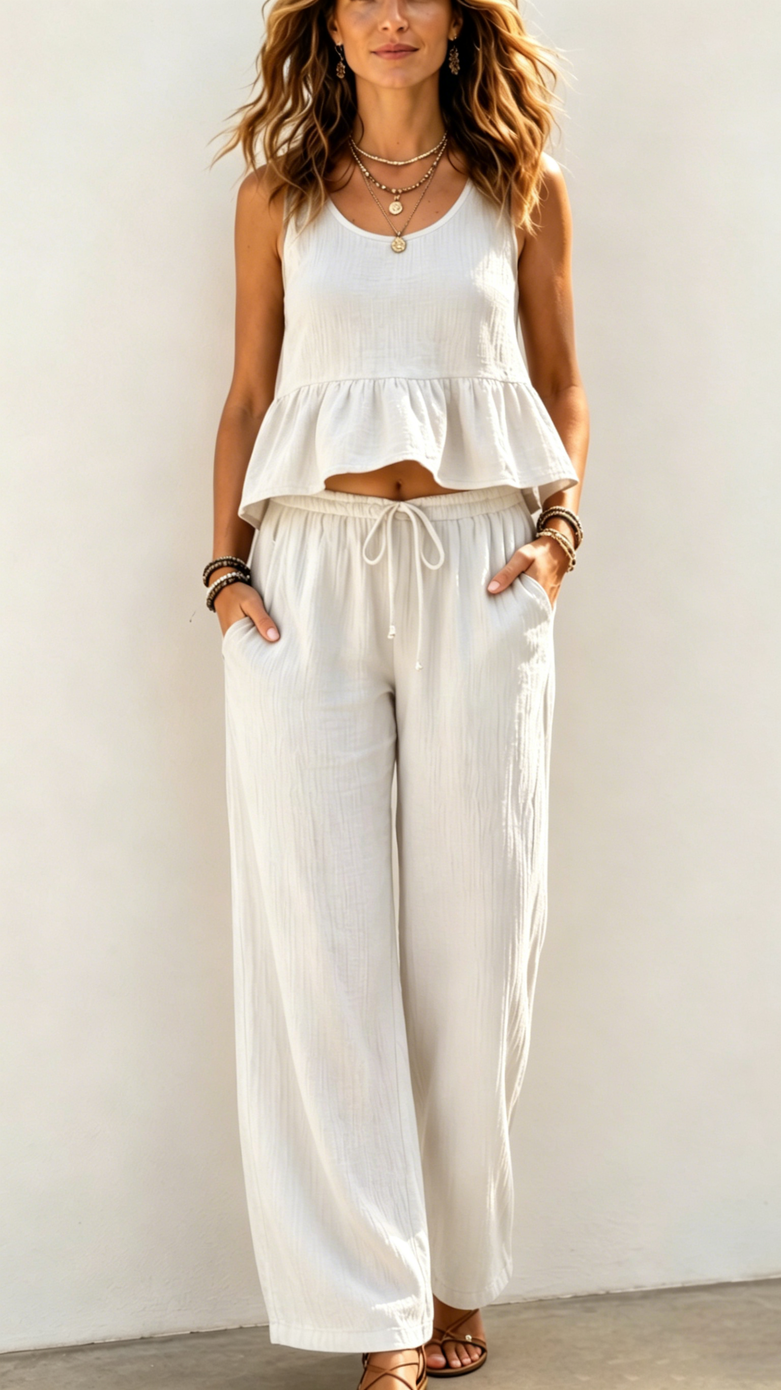 U-Neck Sleeveless Ruffle Peplum Crop Tank & Drawstring Wide Leg Pants Two Piece Matching Set