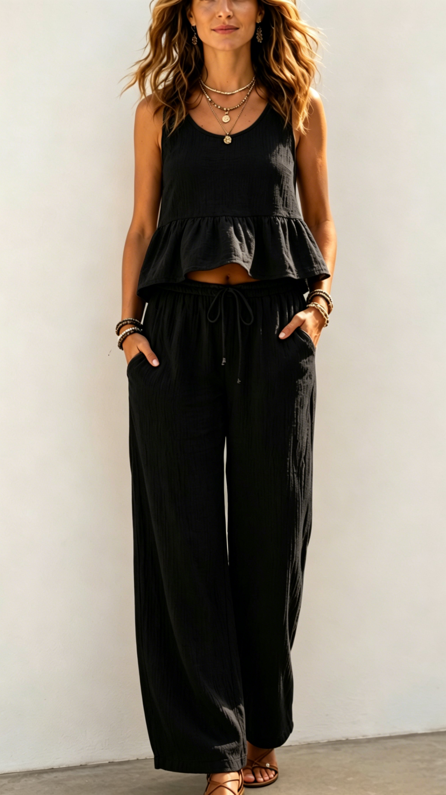 U-Neck Sleeveless Ruffle Peplum Crop Tank & Drawstring Wide Leg Pants Two Piece Matching Set