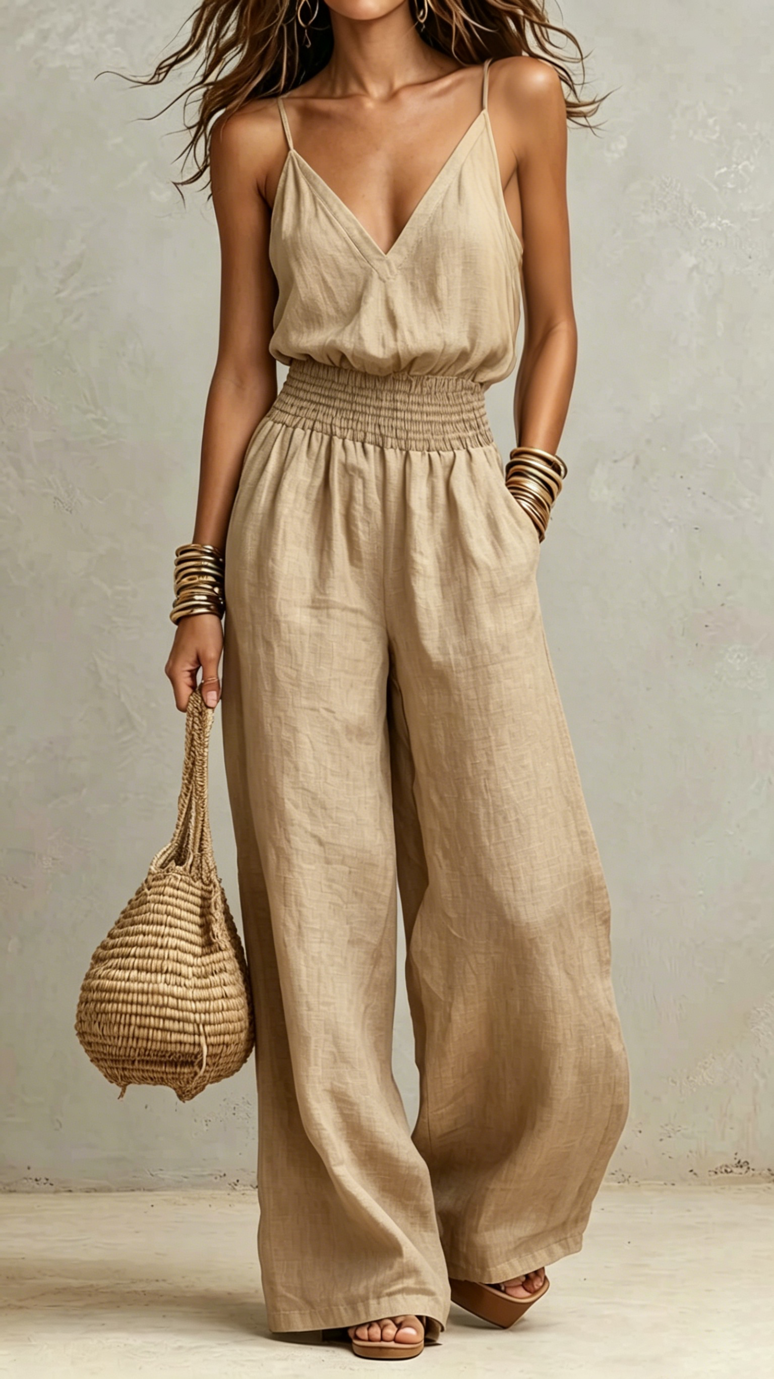 Chic Thin Spaghetti Strap V-Neck Smocked High Waist Wide Leg Jumpsuit