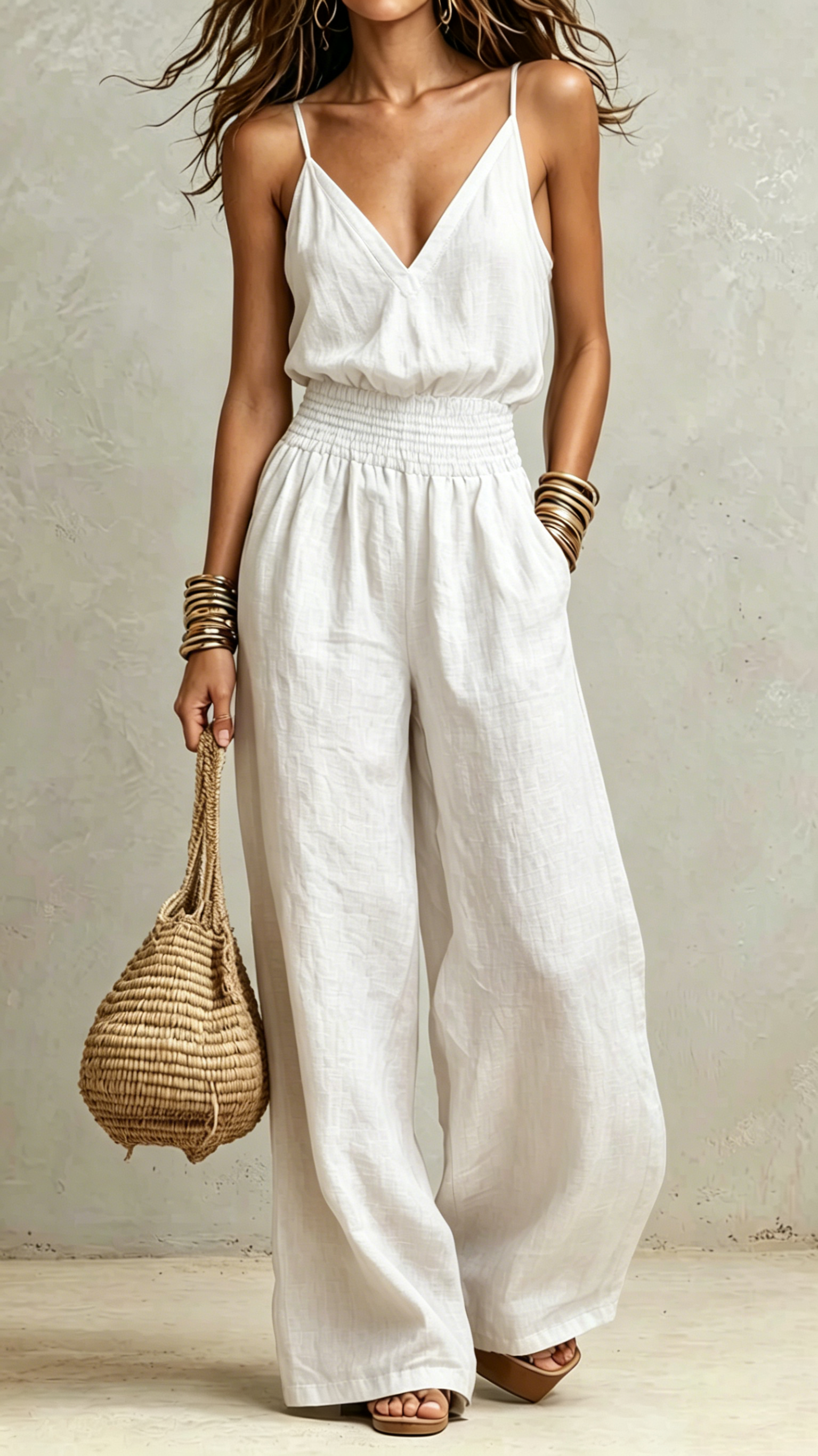 Chic Thin Spaghetti Strap V-Neck Smocked High Waist Wide Leg Jumpsuit