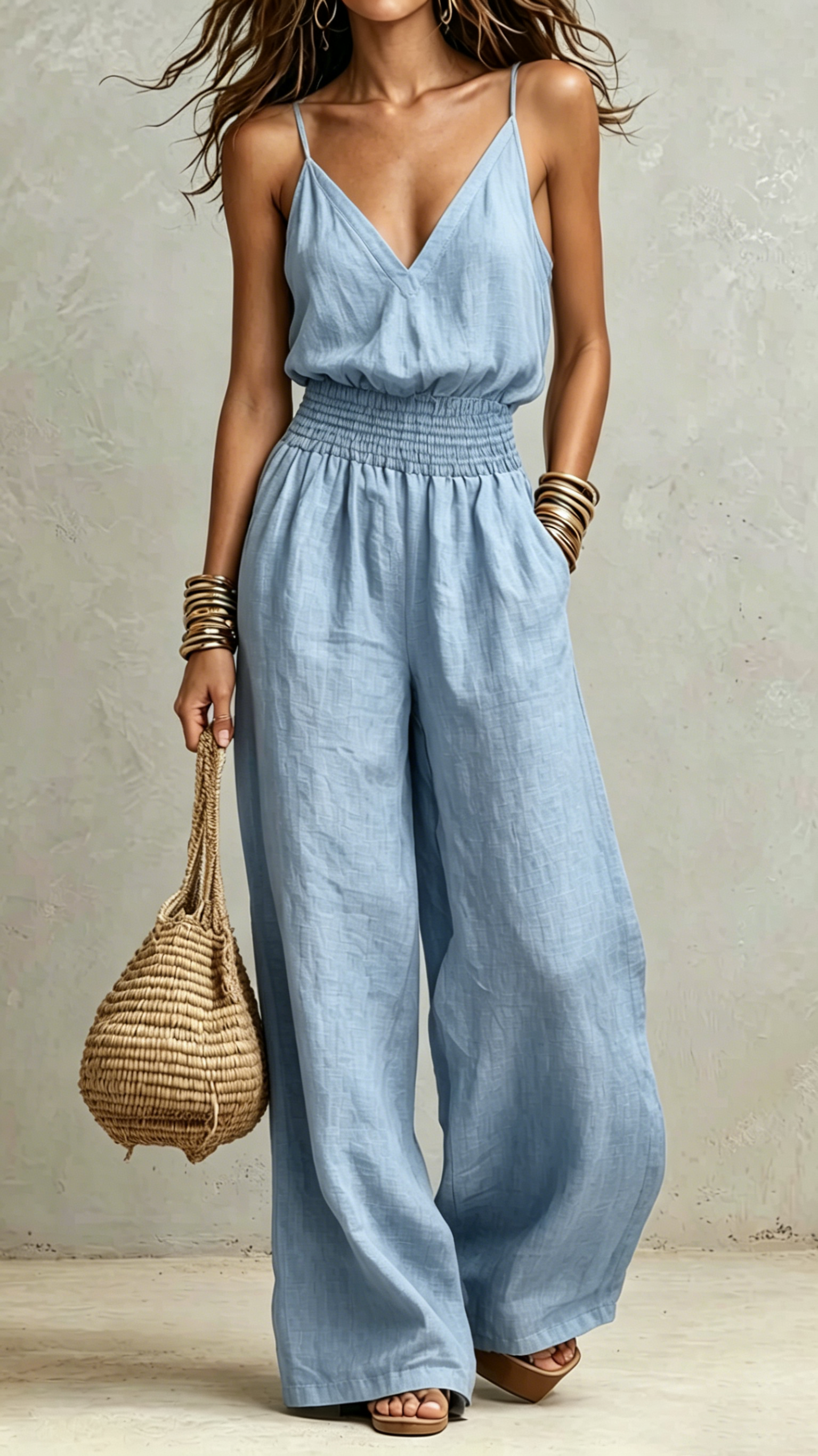 Chic Thin Spaghetti Strap V-Neck Smocked High Waist Wide Leg Jumpsuit