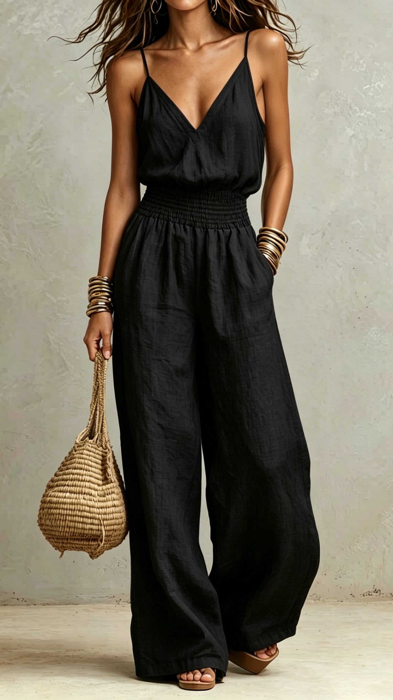 Chic Thin Spaghetti Strap V-Neck Smocked High Waist Wide Leg Jumpsuit