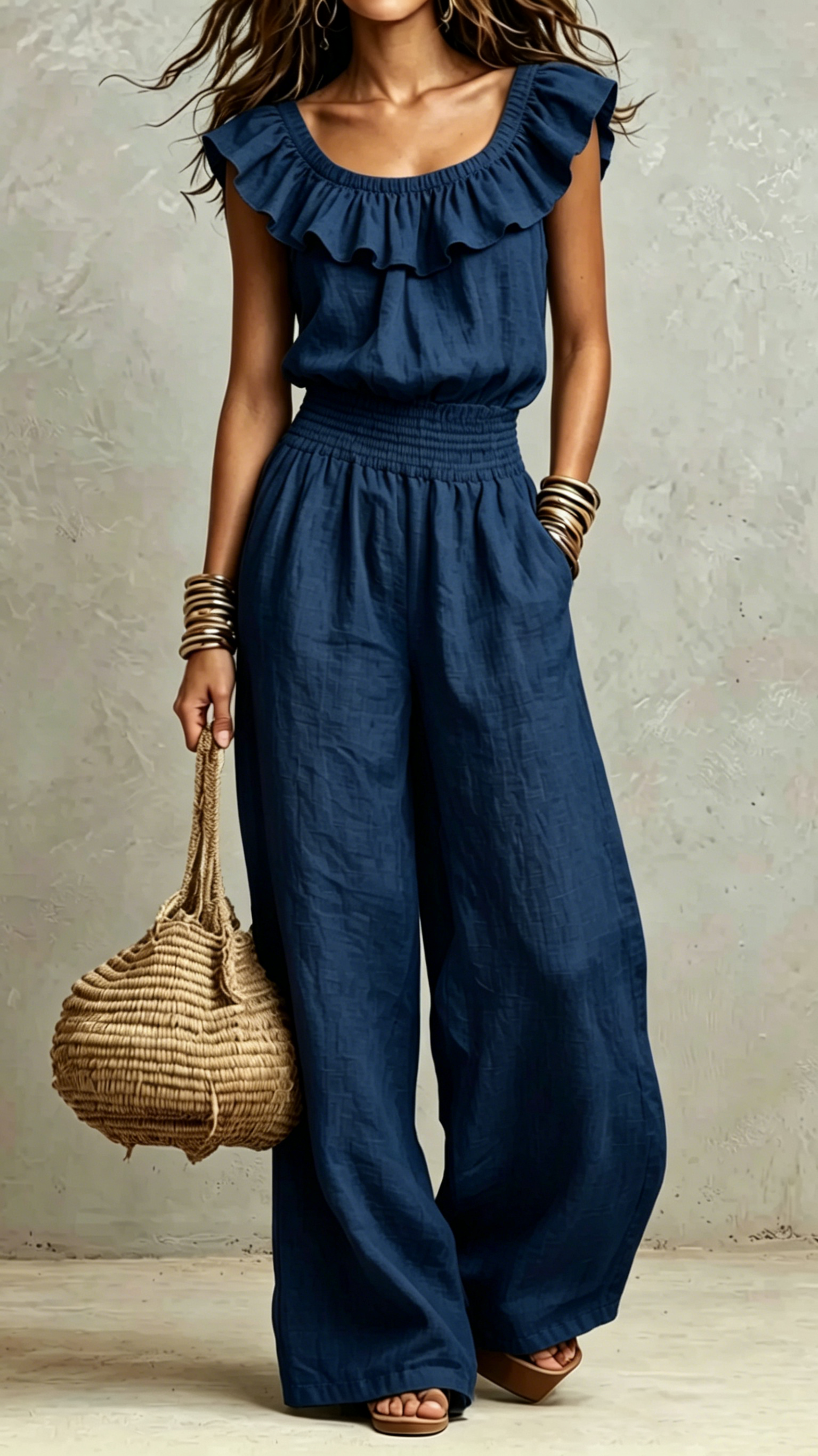 Ruffled Neck Smocked Waist Wide-Leg Jumpsuit